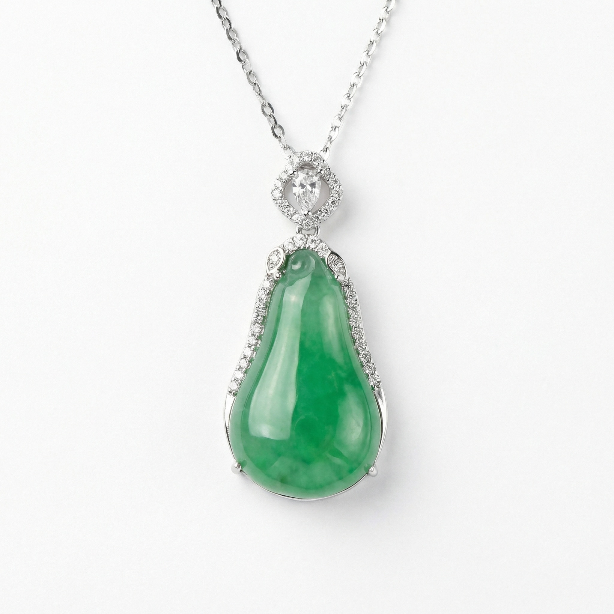 925 Sterling Silver Exquisite Emerald Green Jadeite Teardrop Pendant Necklace with Brilliant Diamond Accents.
