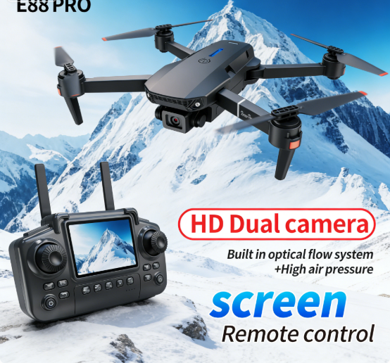 The E88 PRO Drone Is Equipped With A 4.91-inch Screen Controller, An SD Card, 2 Batteries, A Brushless Motor, Optical Flow Positioning, And Active Obstacle Avoidance Function. (Gray - 2 Batteries)