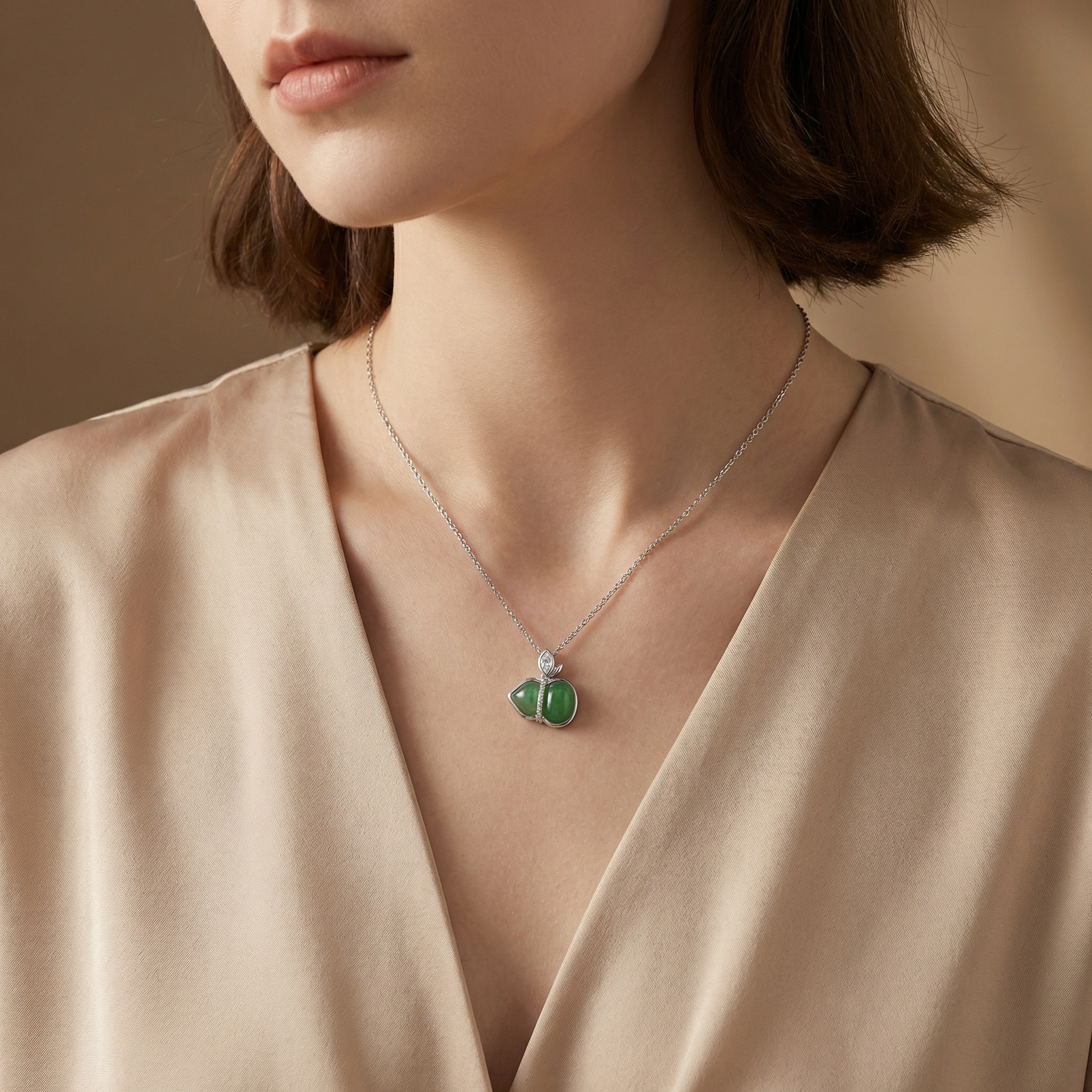 Sterling Silver Jadeite Hulu Pendant Necklace, picture 2 of 3