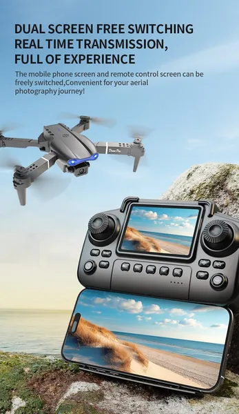 The E99 PRO Drone Is Equipped With A 4.91-inch Screen Controller, An SD Card, 2 Batteries, A Brushless Motor, Optical Flow Positioning, And Active Obstacle Avoidance Function. (Gray - 2 Batteries)