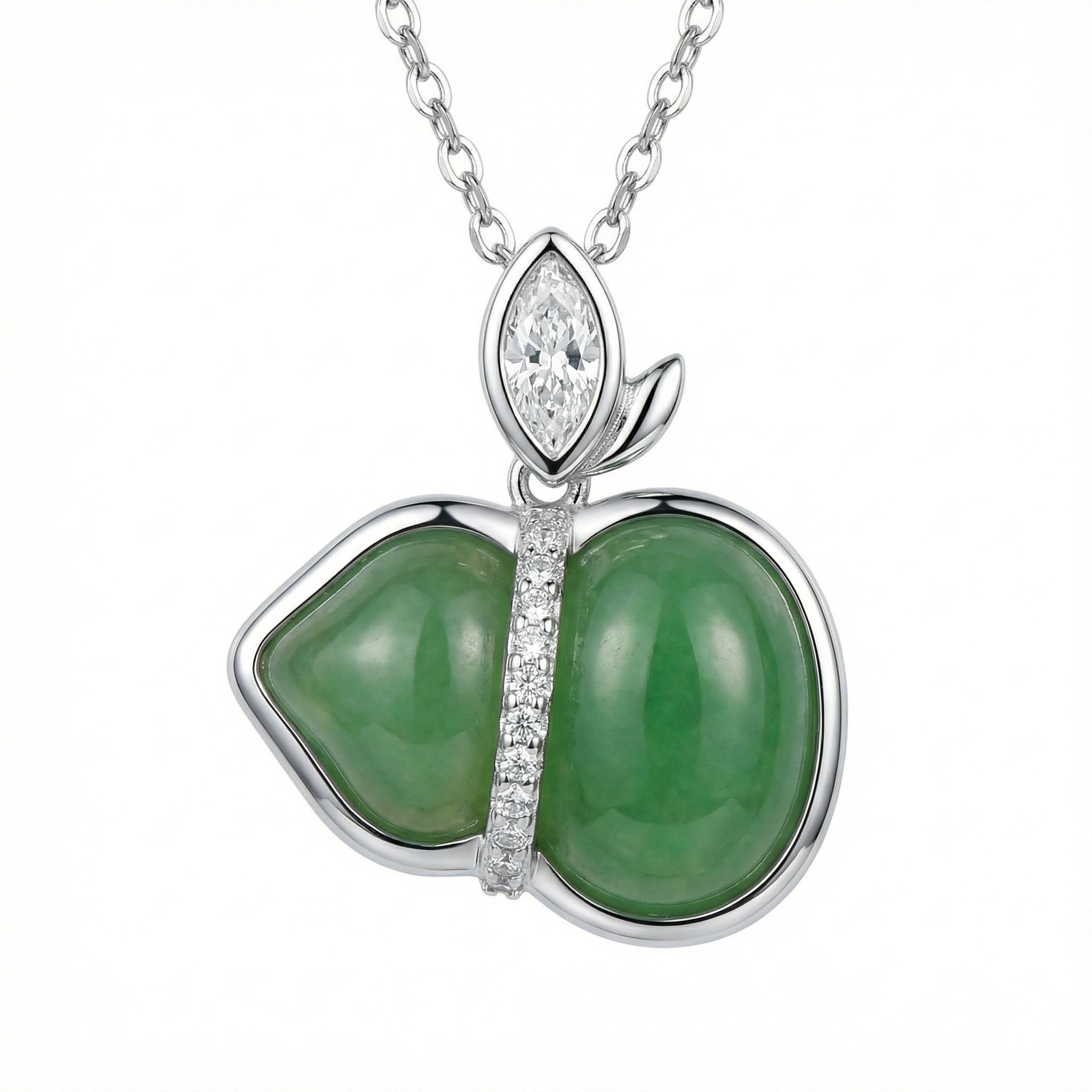 Sterling Silver Jadeite Hulu Pendant Necklace