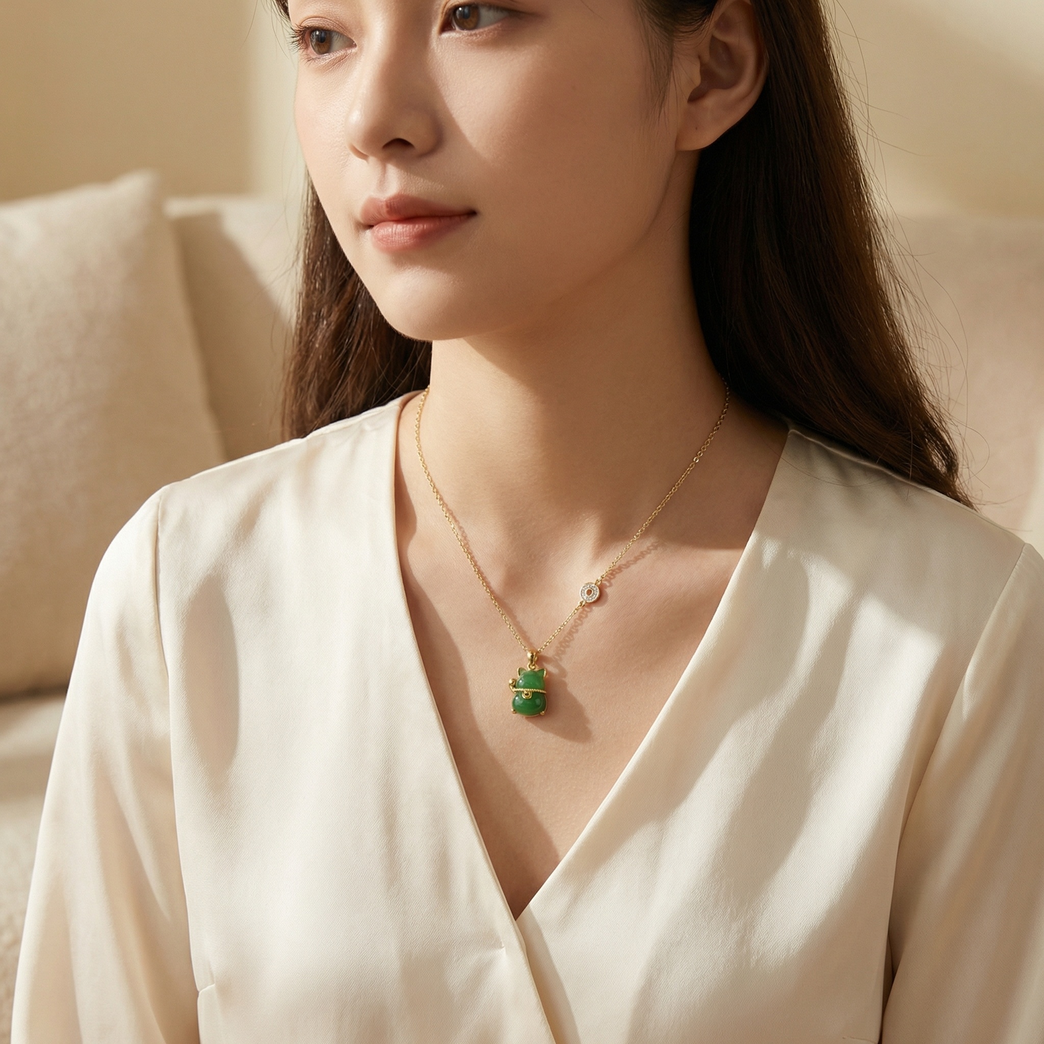 Sterling Silver Jadeite Lucky Cat Necklace, picture 2 of 3