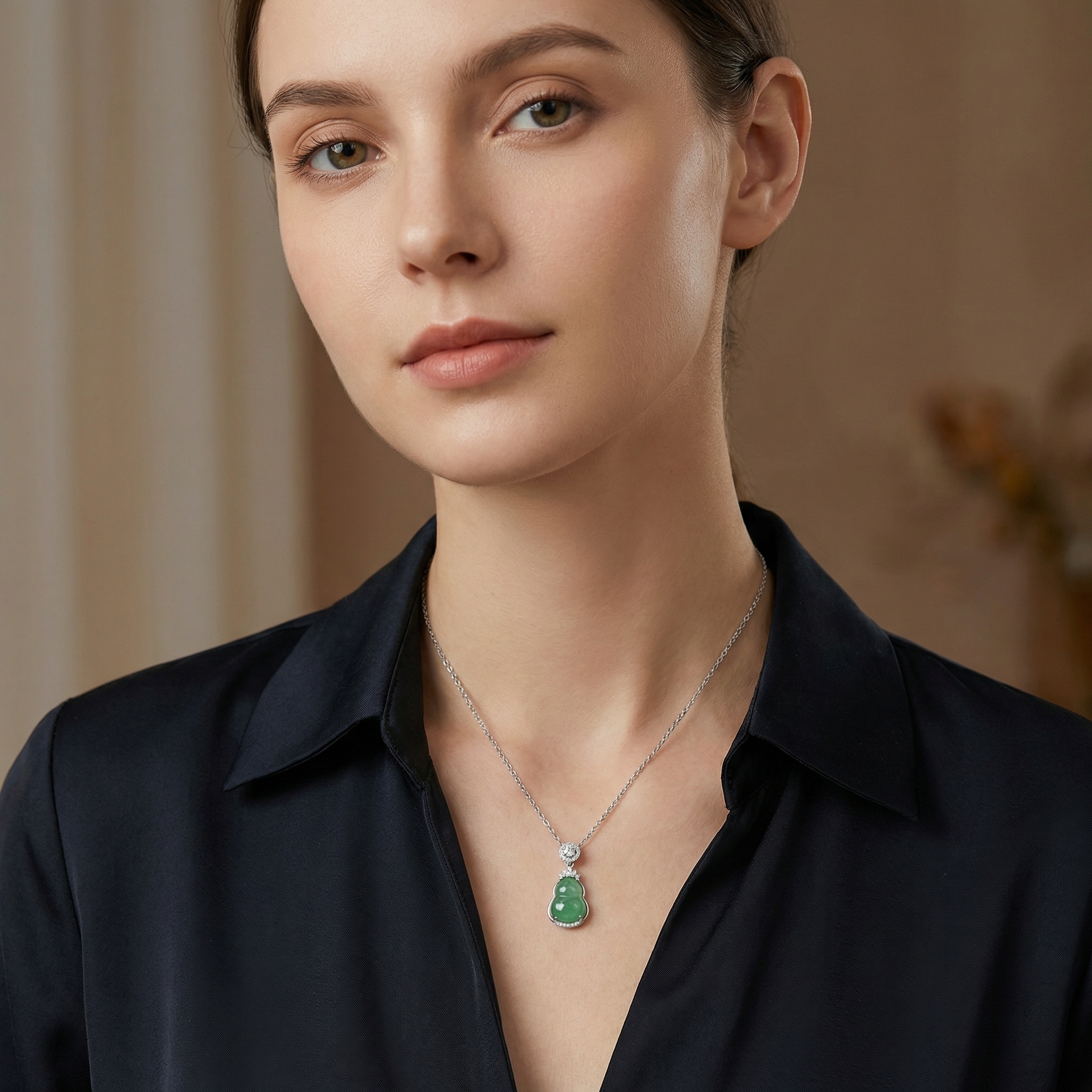 925 Sterling Silver Exquisite Green Jadeite Calabash Gourd Pendant with Shimmering Diamond Halo and Accents