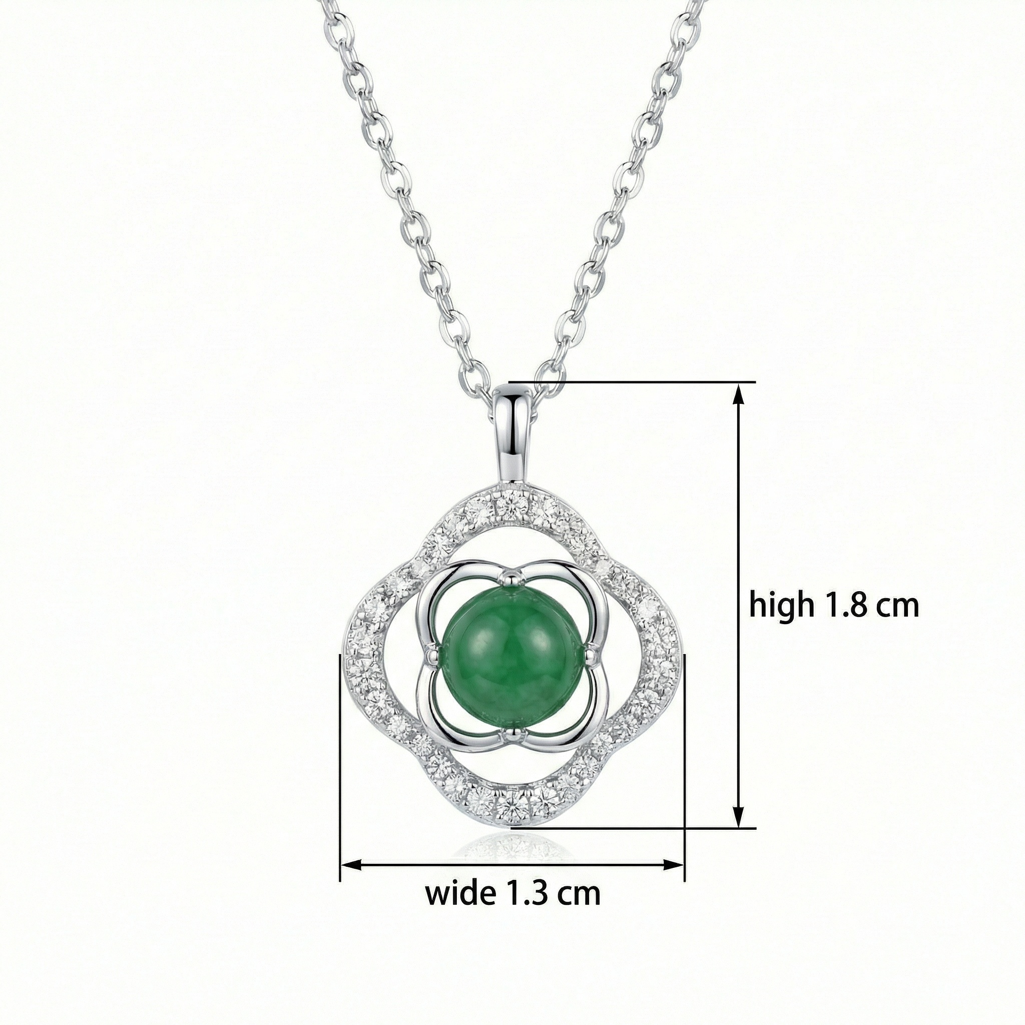 925 Sterling Silver Elegant Sterling Silver Quatrefoil Green Jadeite Pendant Necklace with Shimmering Accents 