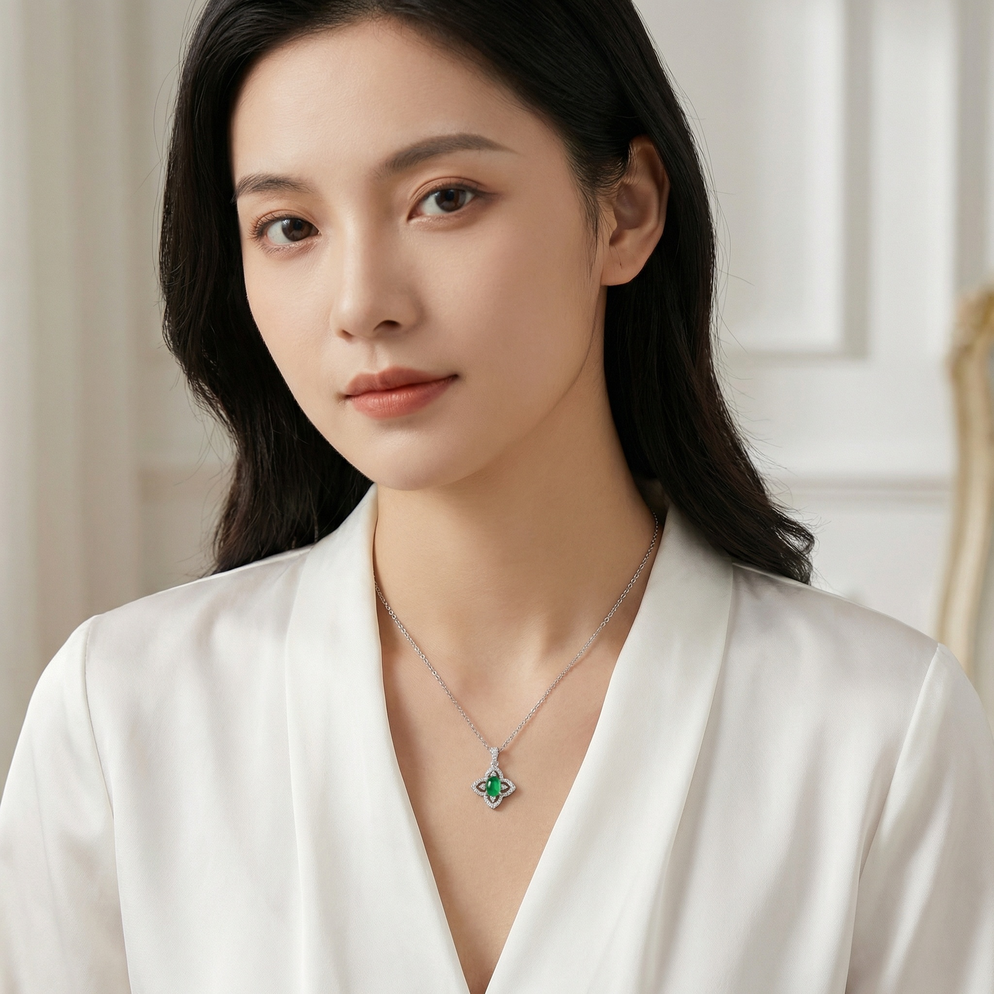 925 Sterling Silver Elegant Emerald-Green Jade Cabochon Flower Pendant Necklace with Sparkling Accents