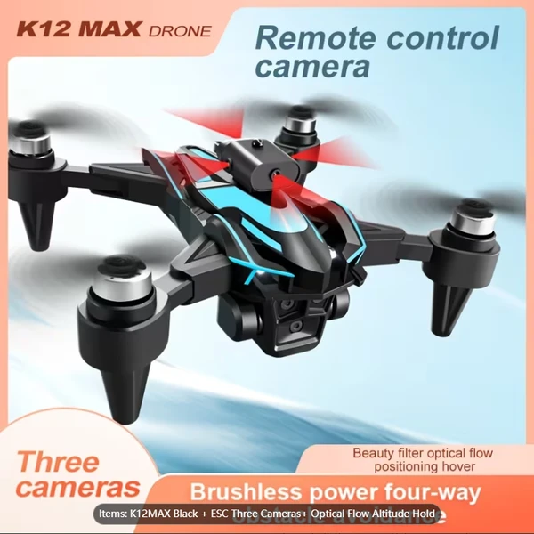 K12MAX Quadcopter Professional Drone, With ESC, Three Cameras, APP Image Transmission, Optical Flow Altitude Stabilization, One-click Takeoff And Landing, Brushless Motor, 360-degree Special Effect Re