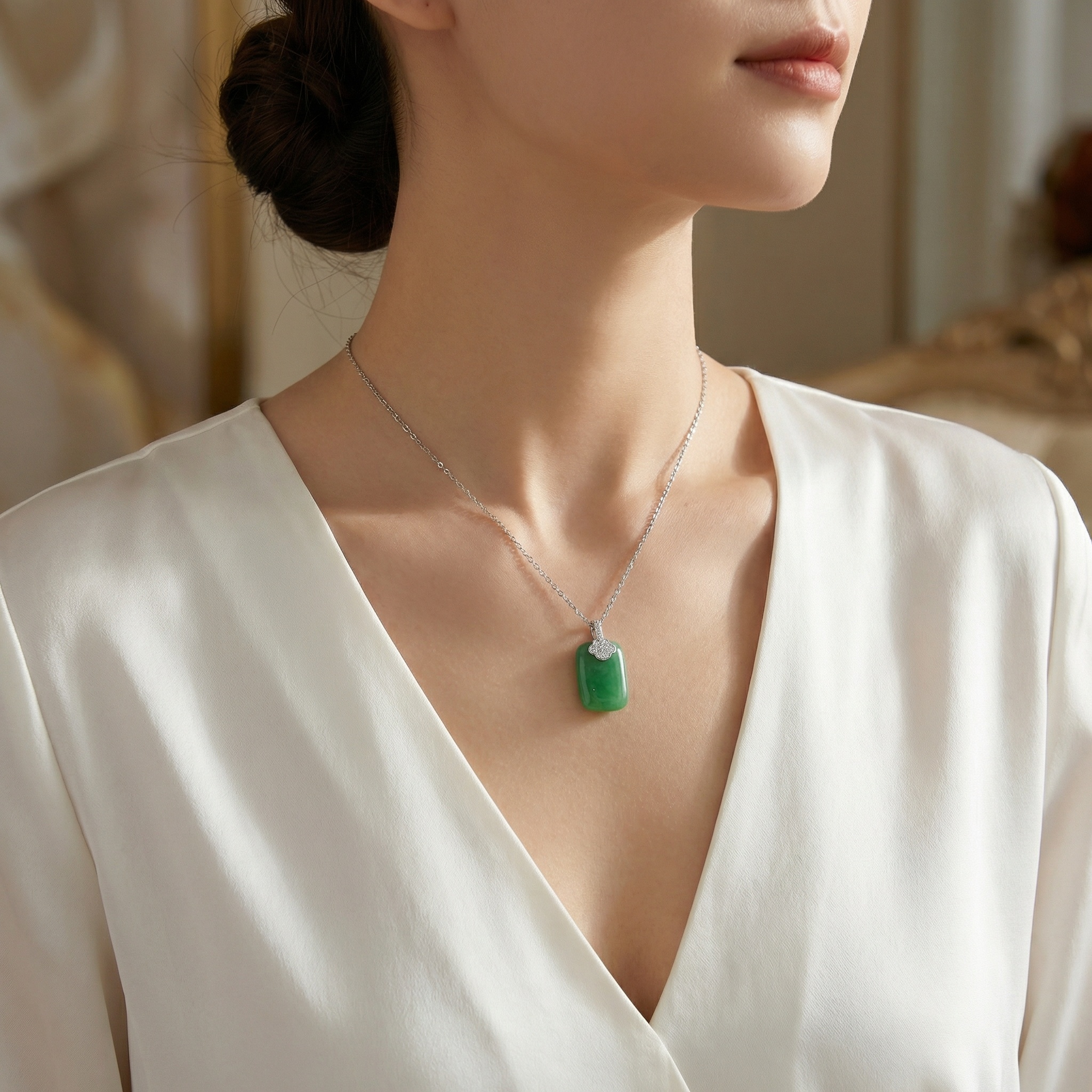925 Sterling Silver Elegant Green Jadeite Rectangle Pendant with Sparkling Diamond Accents on a Sleek Chain 