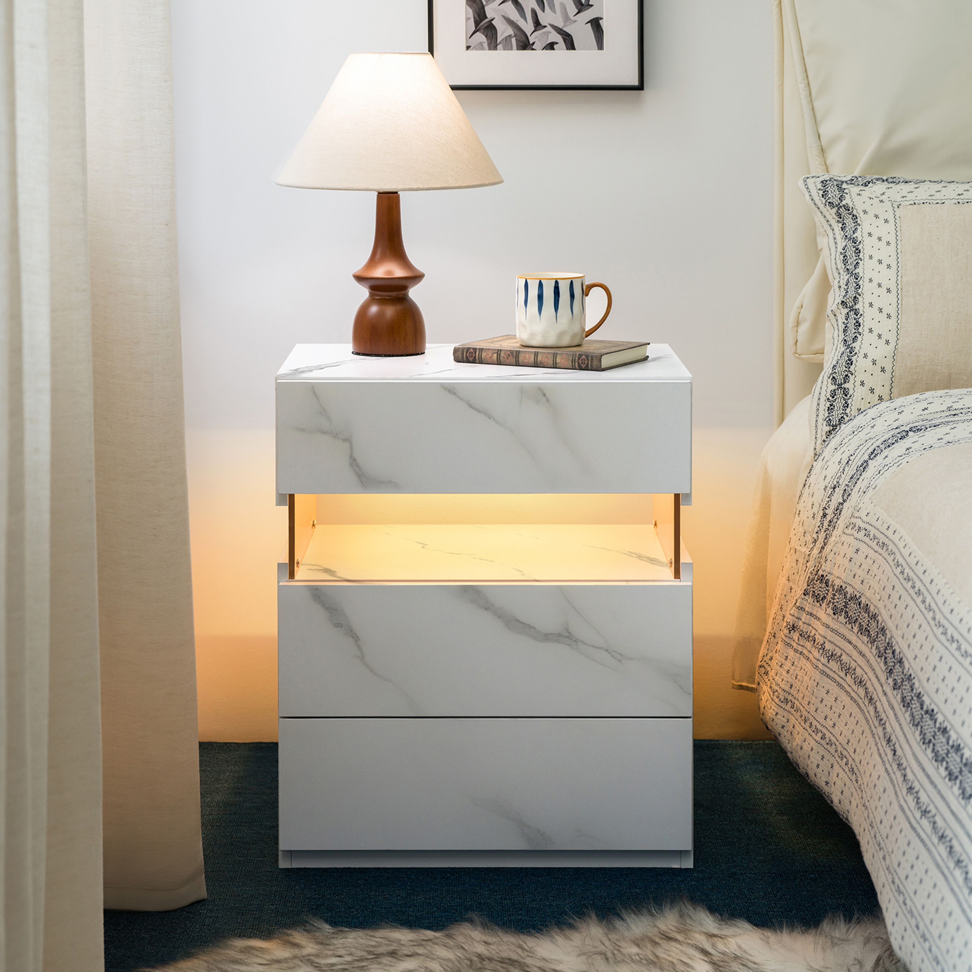 LED Nightstands 3 Drawer Dresser For Bedroom End Table With Acrylic Board LED Bedside Tables White Stone