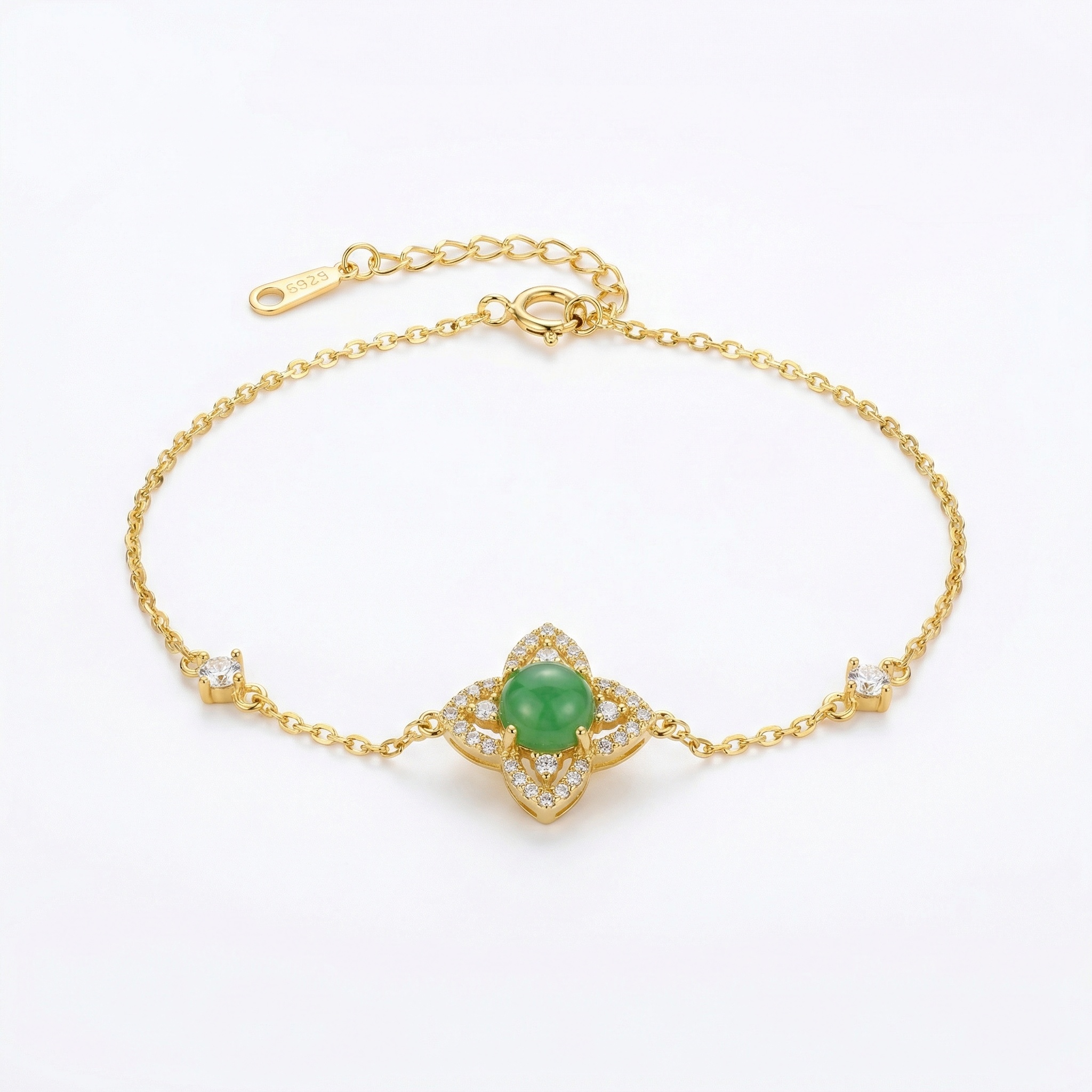 925 Sterling Silver Elegant Sterling Silver Floral Bracelet Featuring a Vibrant Green Gemstone and Shimmering Pavé Accents - Image 1