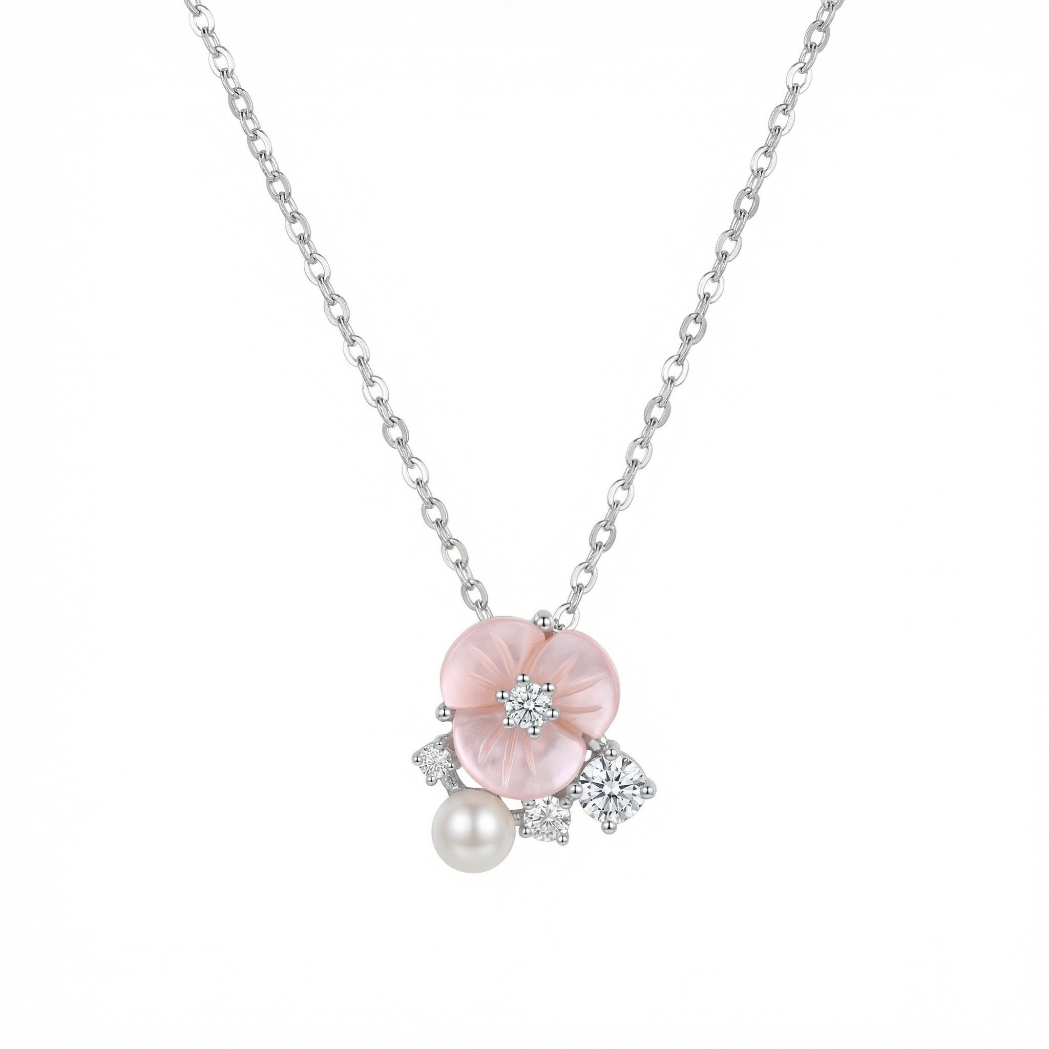 925 Sterling Silver Exquisite Sterling Silver Necklace with Pink Shell Flower, Pearl, and Shimmering Crystal Accents 