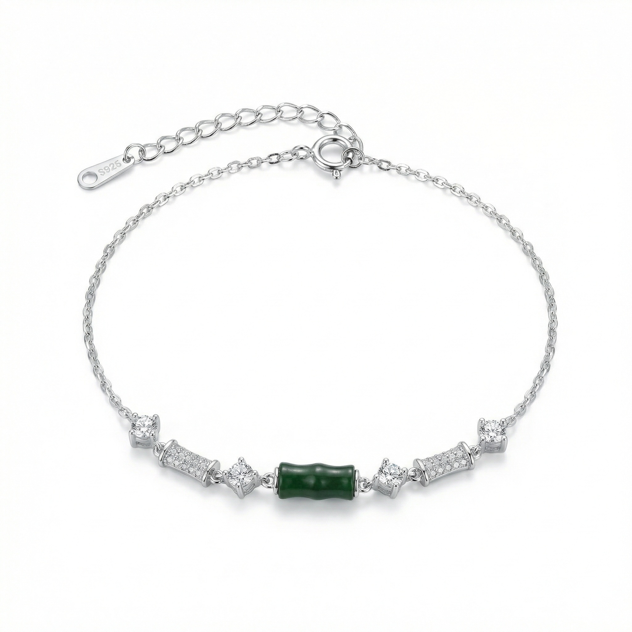 925 Sterling Silver Elegant S925 Sterling Silver Bracelet Featuring a Green Bamboo Motif and Shimmering Zirconia Stones