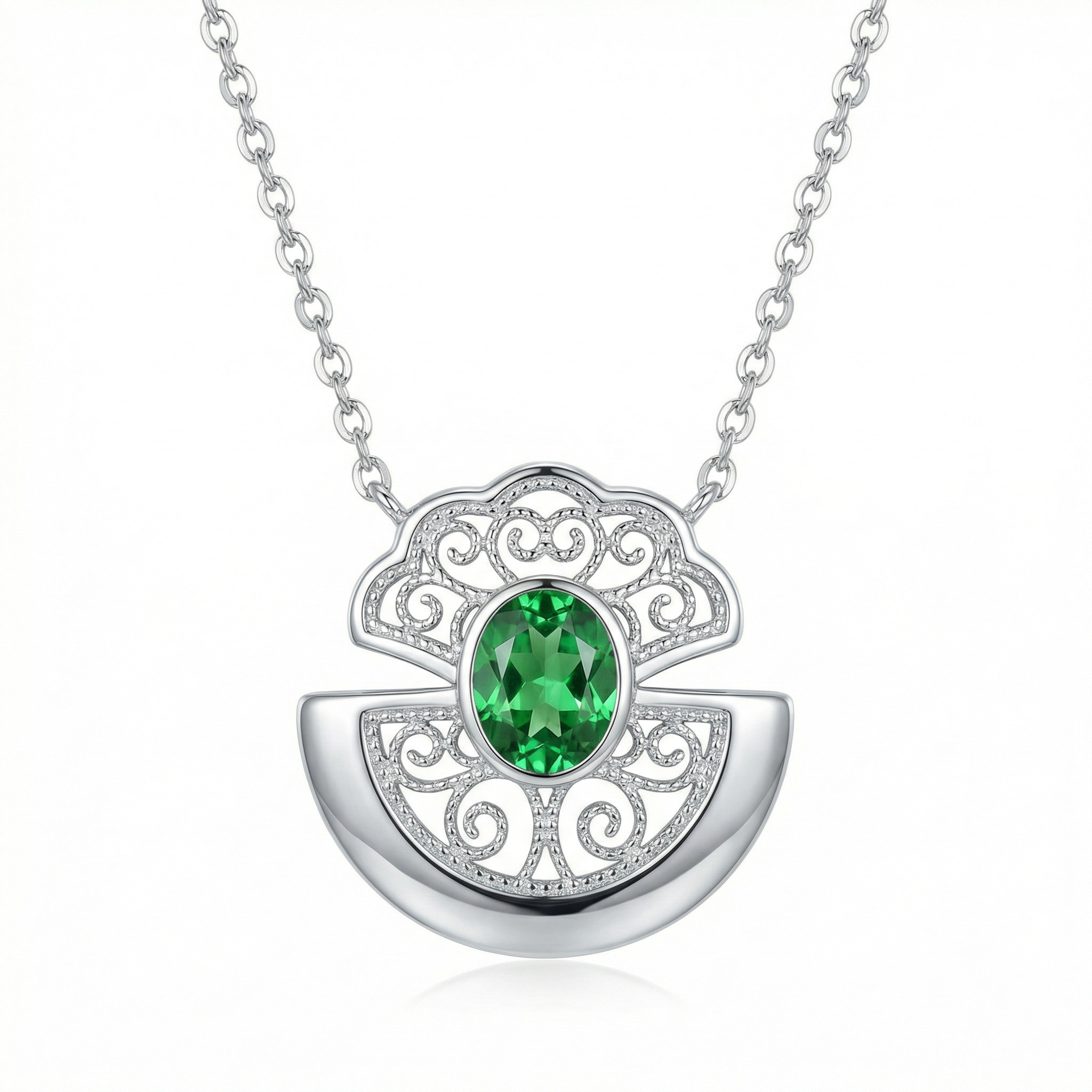 925 Sterling Silver Elegant Vintage-Style Silver Filigree Pendant Necklace with Oval Green Gemstone