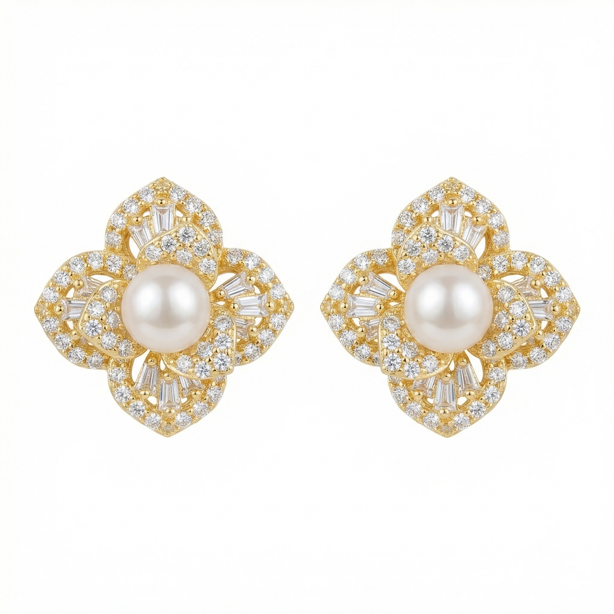 925 Sterling Silver Elegant Pearl Floral Stud Earrings Featuring Baguette and Round Diamond Accents