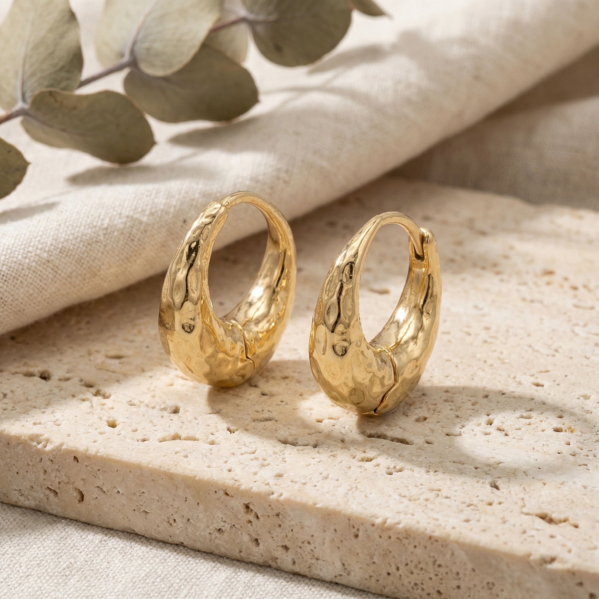 925 Sterling Silver Elegant Textured Hammered Chunky Huggie Hoop Earrings with a Radiant Metallic Sheen 