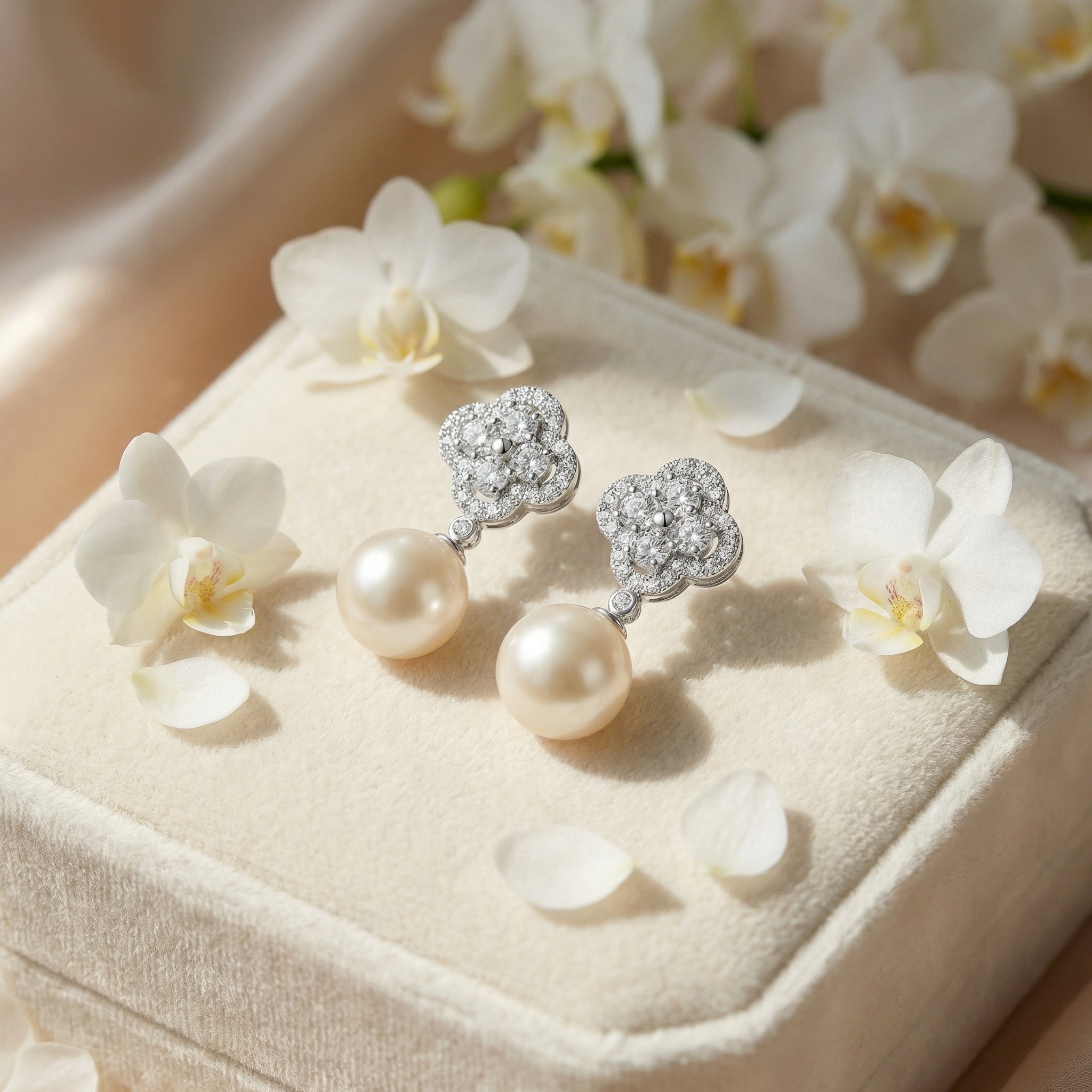 925 Sterling Silver Elegant Diamond-Encrusted Clover and Lustrous Pearl Drop Earrings 