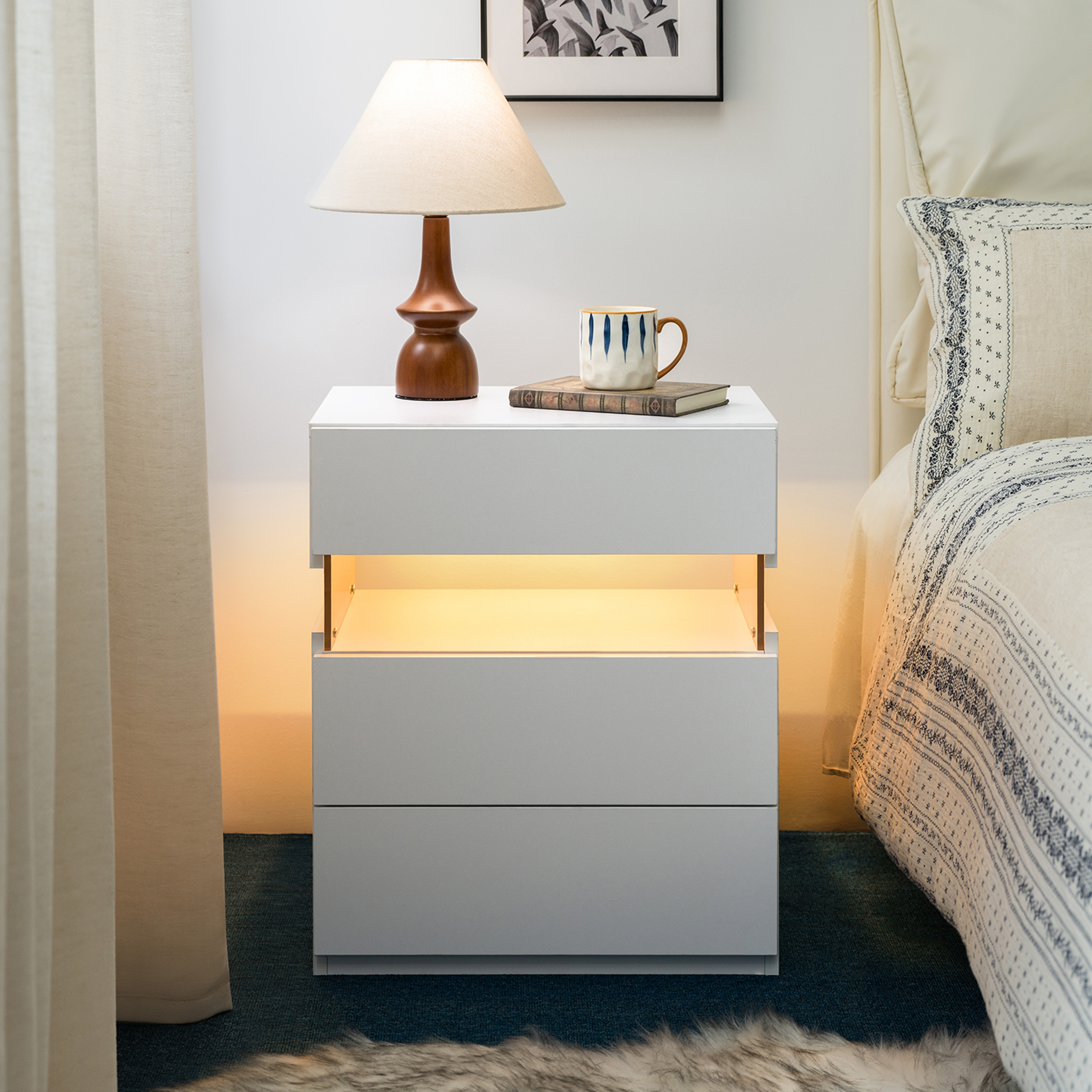 LED Nightstands 3 Drawer Dresser For Bedroom End Table With Acrylic Board LED Bedside Tables For Bedroom Living Room Bedside Furniture White