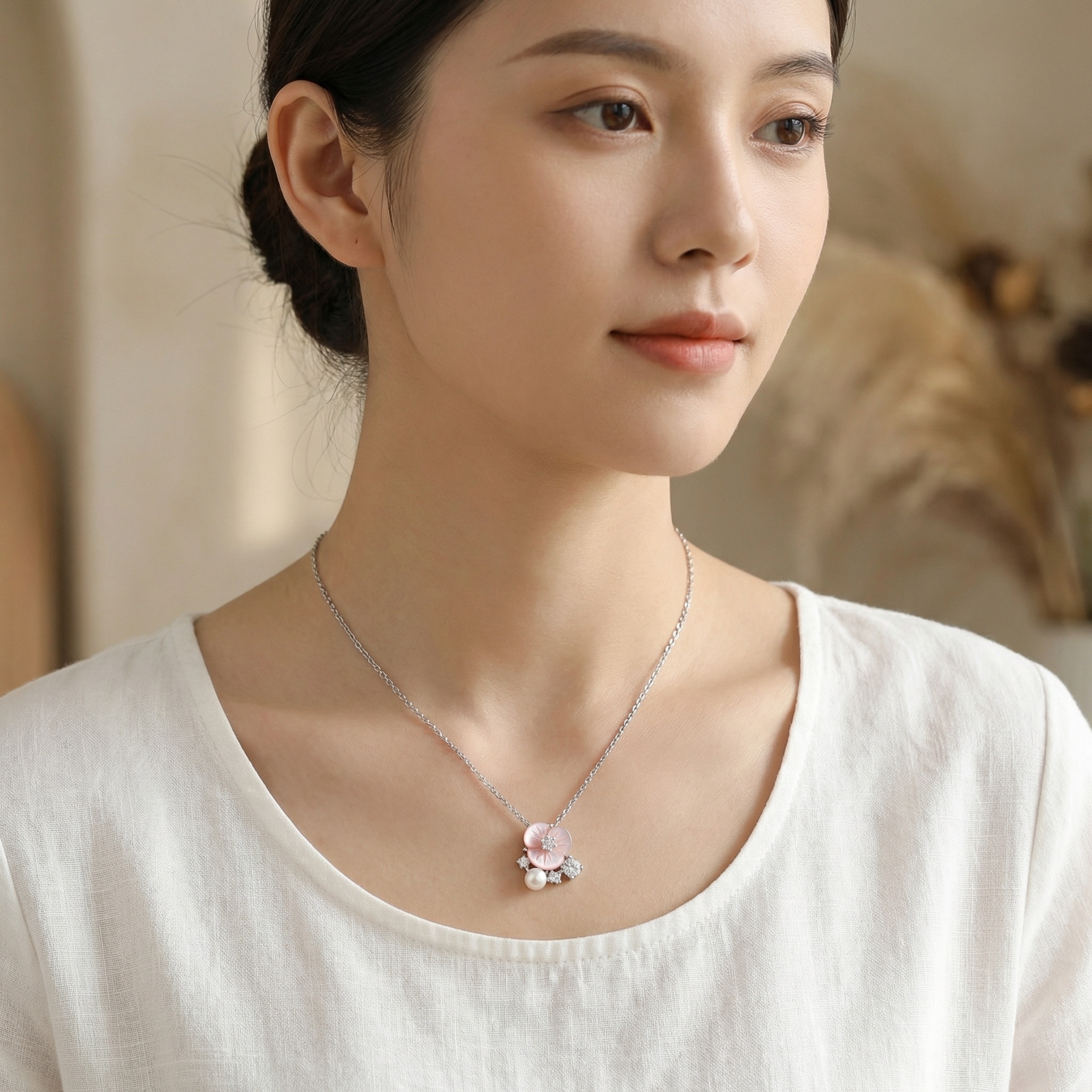 925 Sterling Silver Exquisite Sterling Silver Necklace with Pink Shell Flower, Pearl, and Shimmering Crystal Accents 