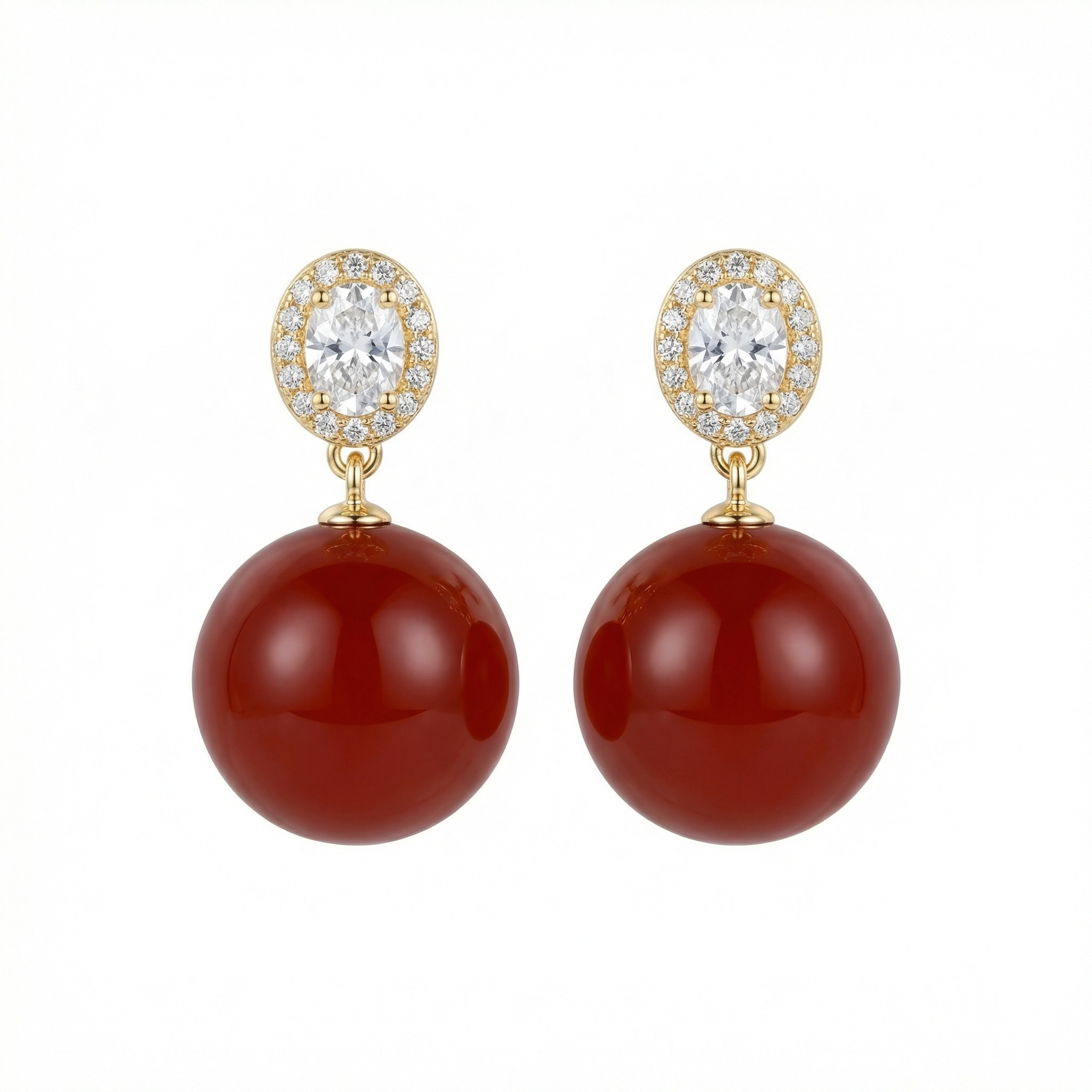 925 Sterling Silver Elegant Red Agate Sphere Drop Earrings with Oval Halo Accents