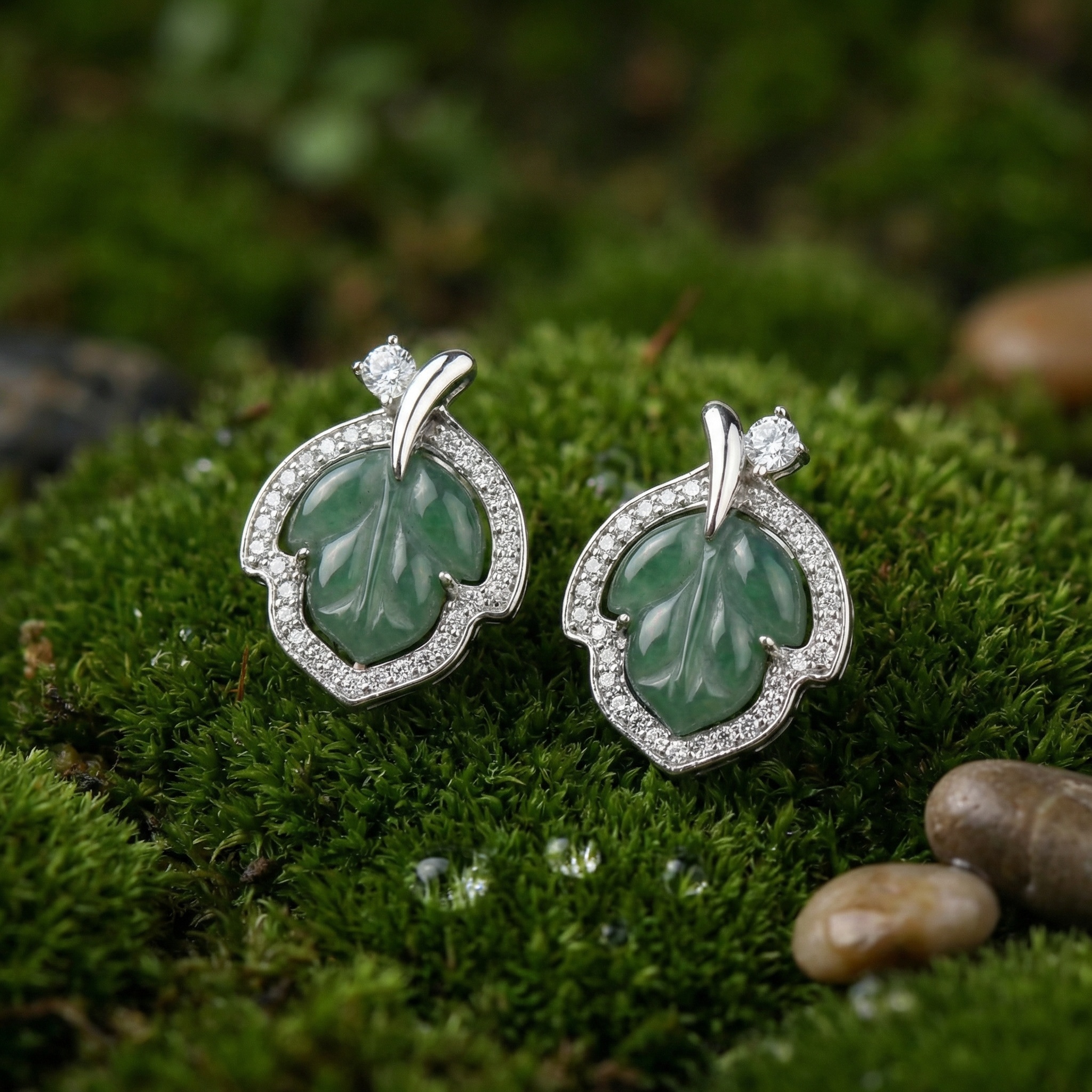 925 Sterling Silver Elegant Carved Green Jade Leaf Stud Earrings with Sparkling Halo Accents