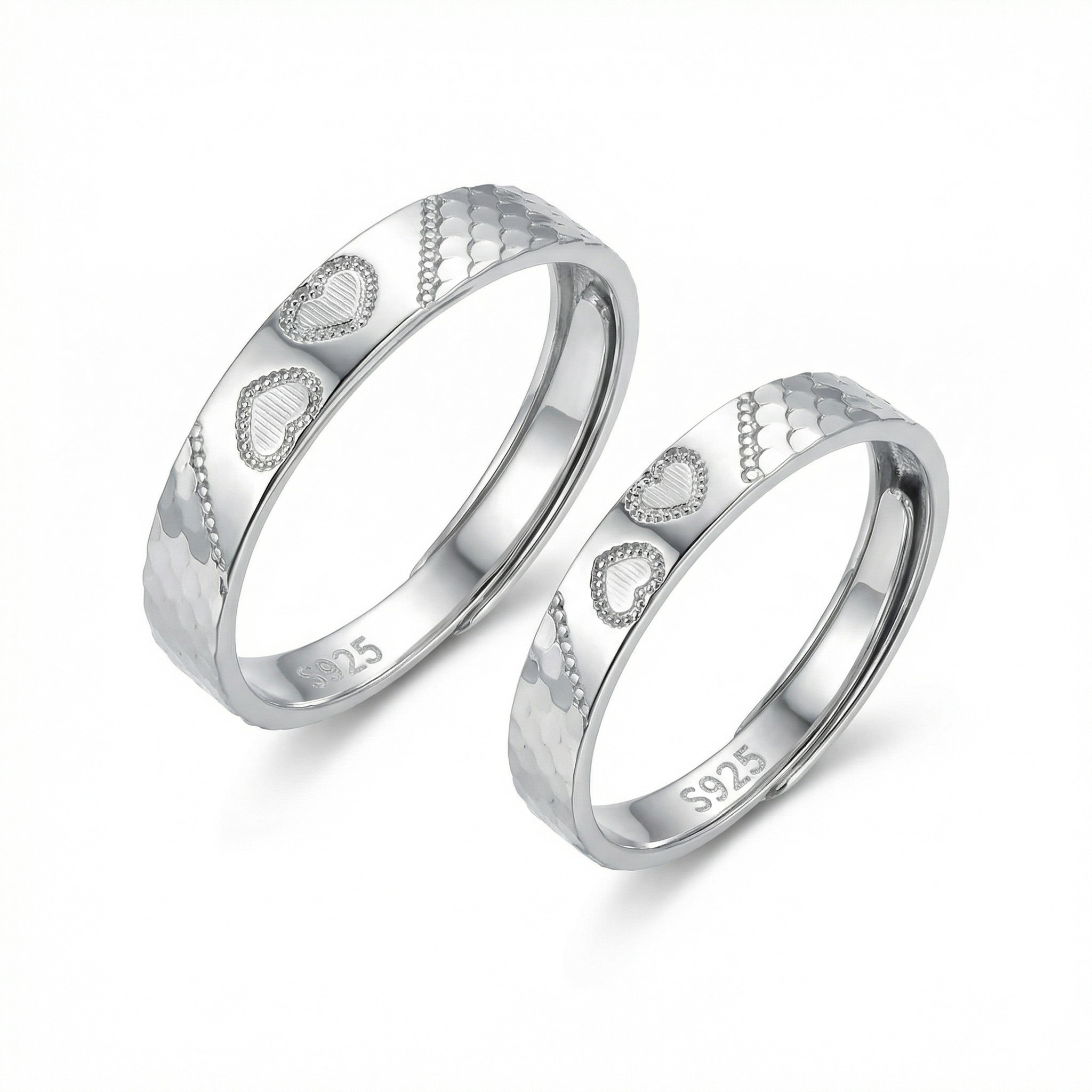 925 Sterling Silver Elegant S925 Sterling Silver Heart Pattern Couple Rings - Romantic Adjustable Jewelry Set 