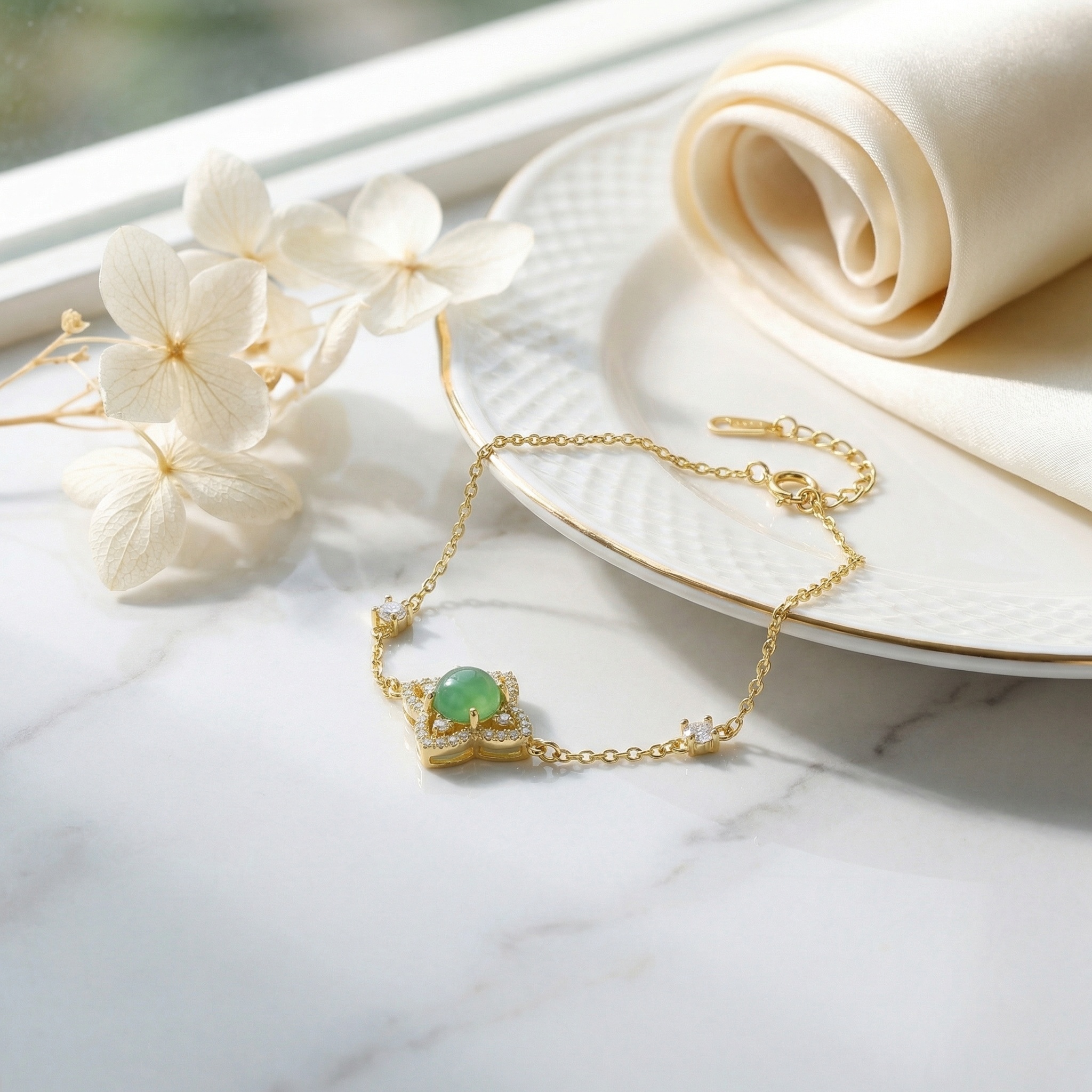 925 Sterling Silver Elegant Sterling Silver Floral Bracelet Featuring a Vibrant Green Gemstone and Shimmering Pavé Accents