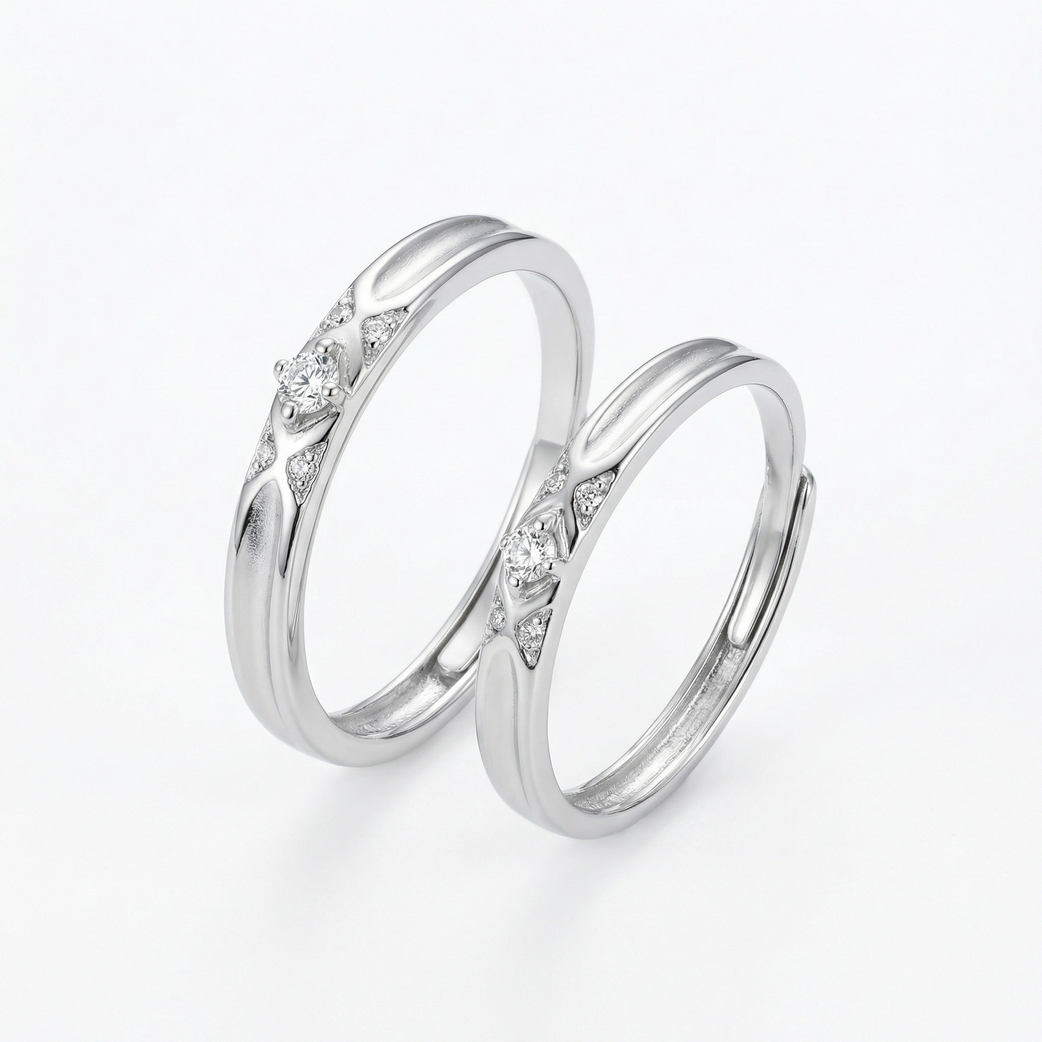 925 Sterling Silver Elegant Silver Couple Rings with Crisscross Diamond Accents 