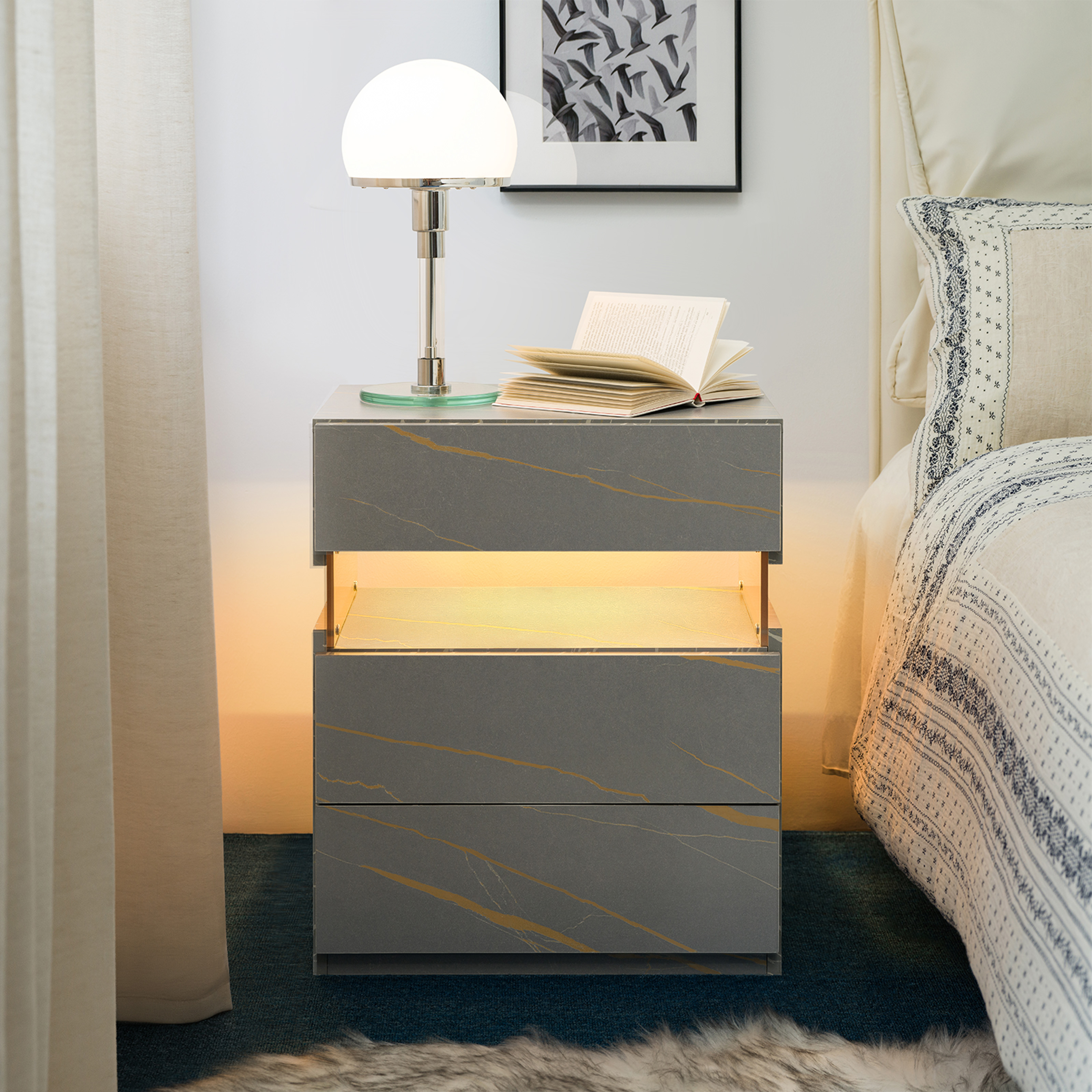 LED Nightstands 3 Drawer Dresser For Bedroom End Table With Acrylic Board LED Bedside Tables For Bedroom Living Room Bedside Furniture Grey Gold