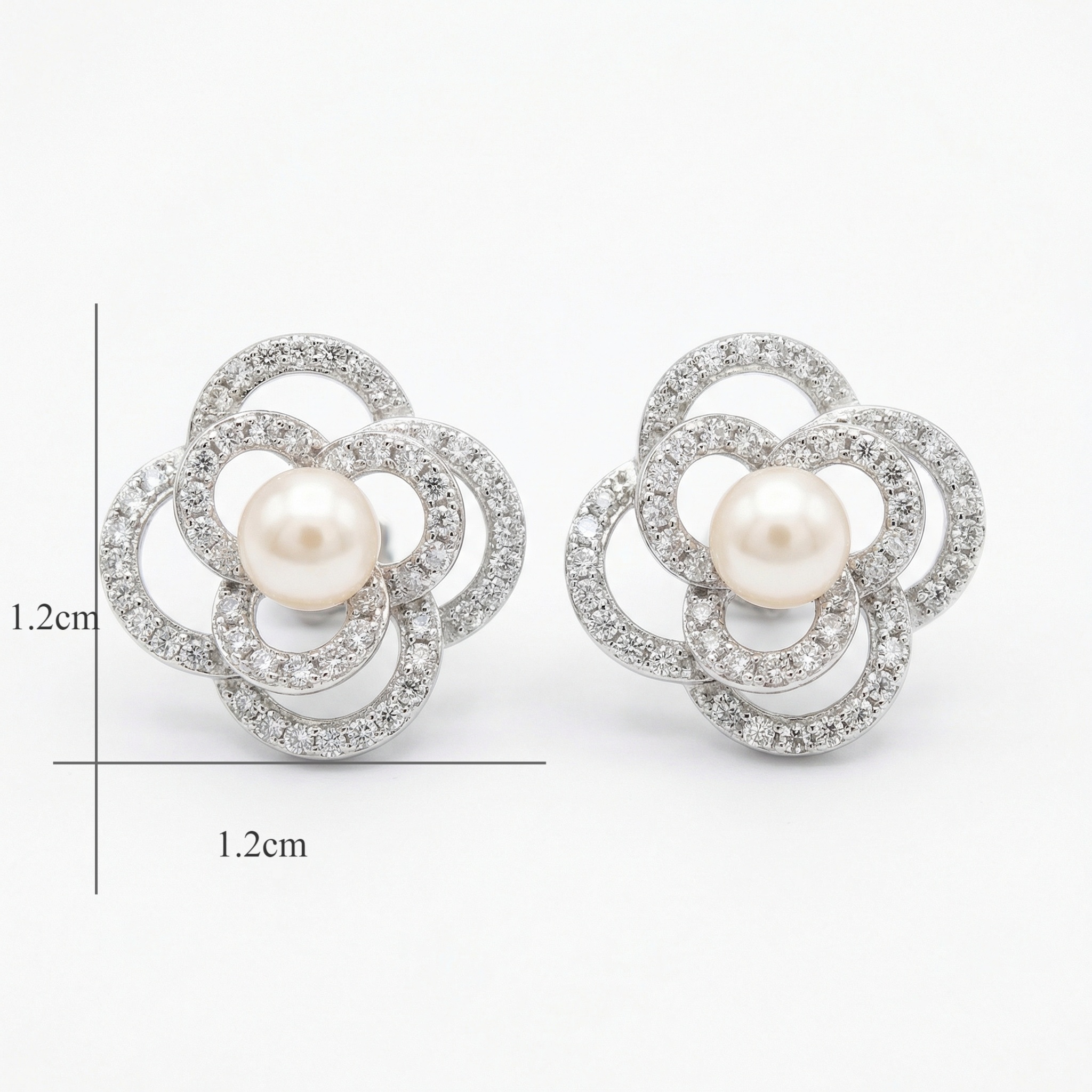 925 Sterling Silver Exquisite Pearl and Pave-Set Crystal Floral Stud Earrings in Silver 