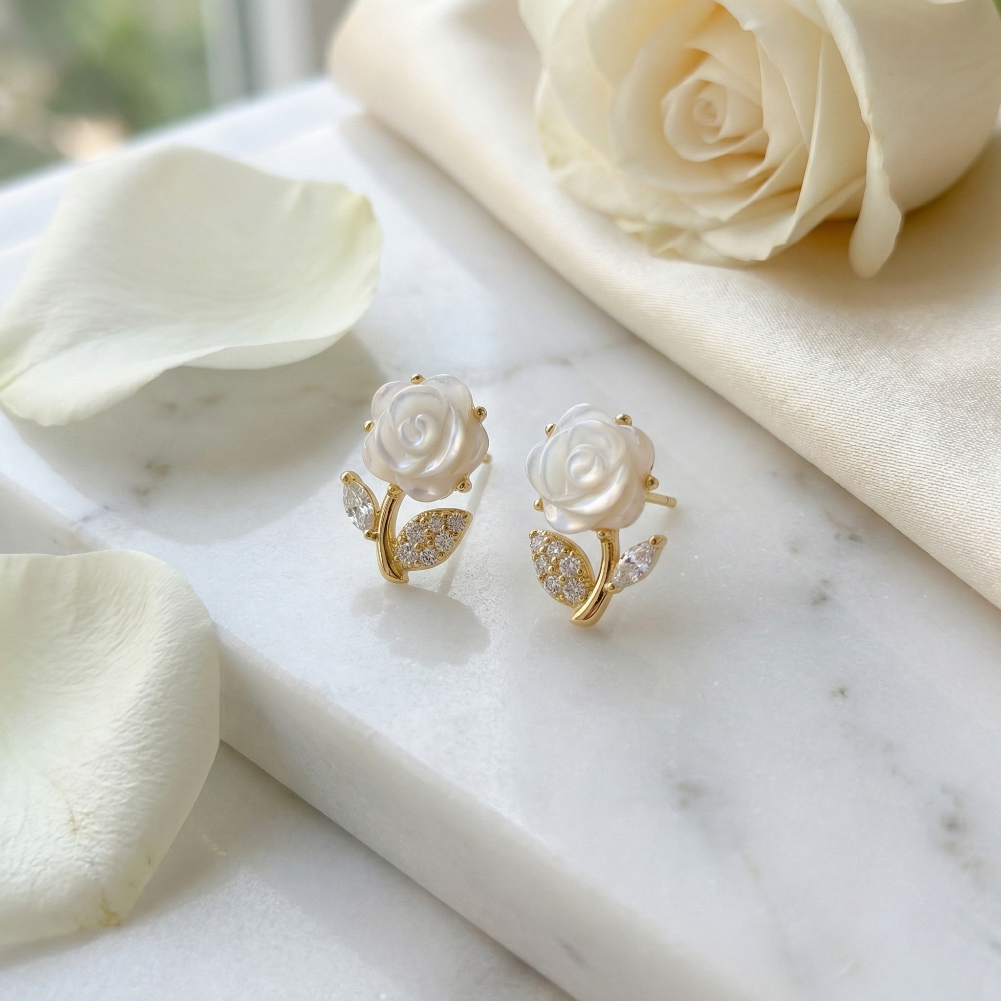 925 Sterling Silver Elegant White Mother of Pearl Rose Stud Earrings with Sparkling Zirconia Leaves