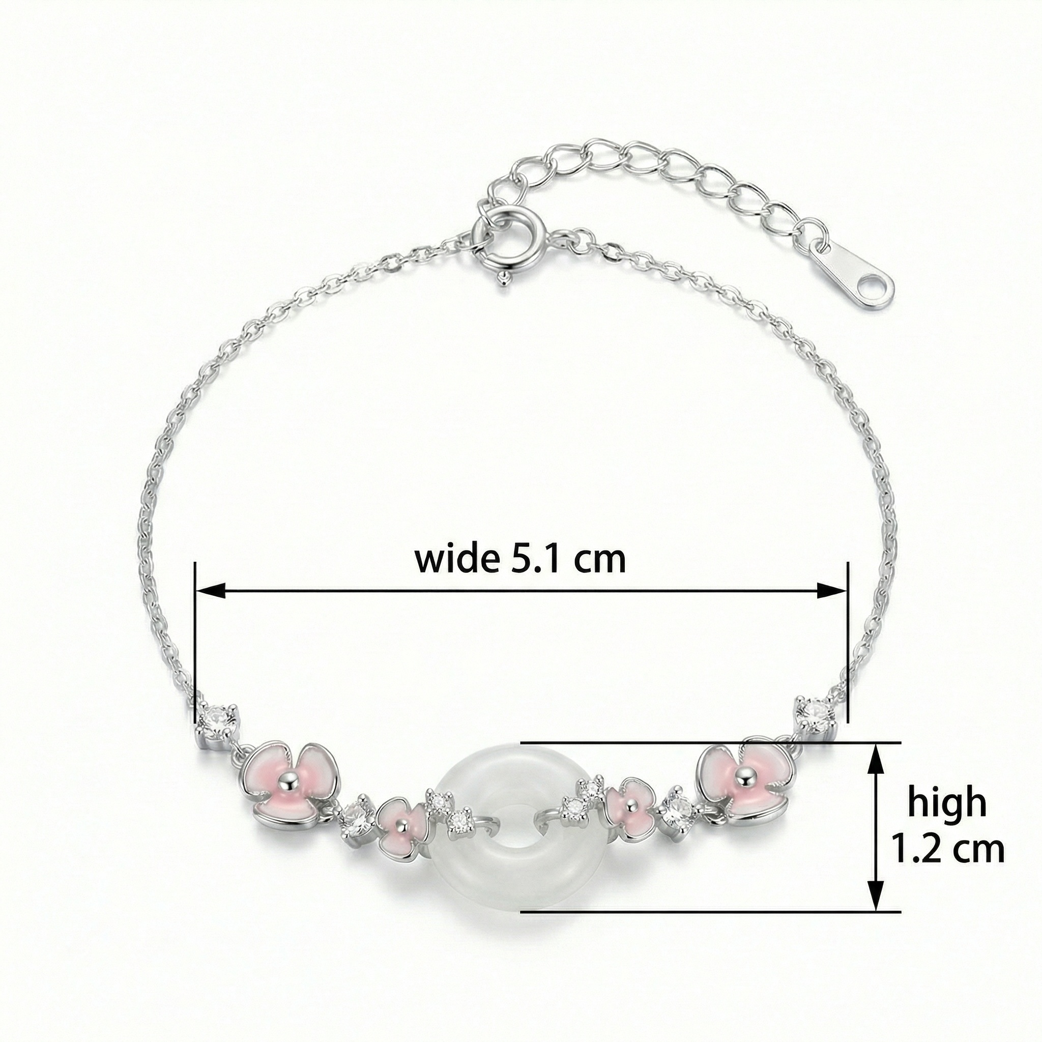 925 Sterling Silver Elegant Silver Bracelet Featuring Pink Enamel Flowers and a White Jade Donut Center.