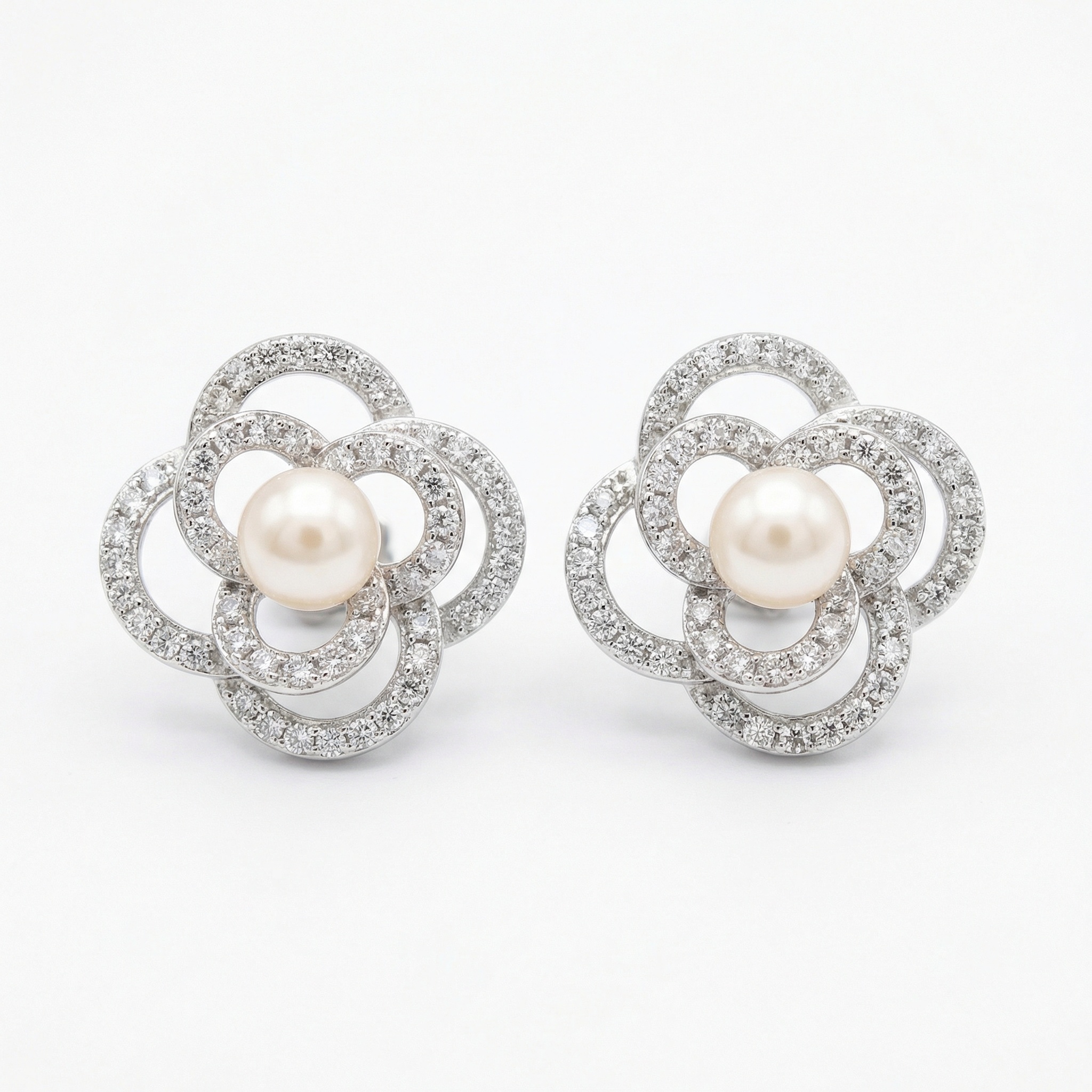 925 Sterling Silver Exquisite Pearl and Pave-Set Crystal Floral Stud Earrings in Silver 