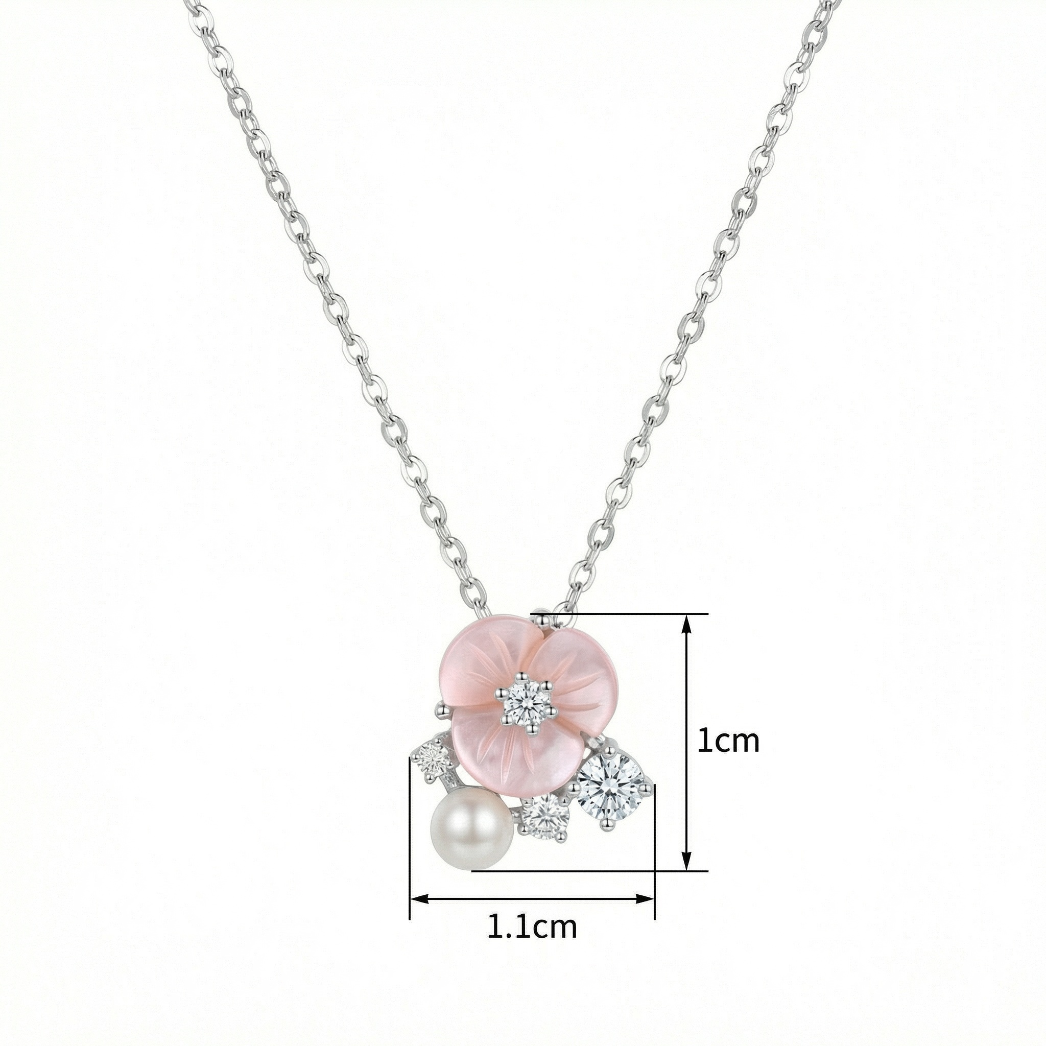 925 Sterling Silver Exquisite Sterling Silver Necklace with Pink Shell Flower, Pearl, and Shimmering Crystal Accents 