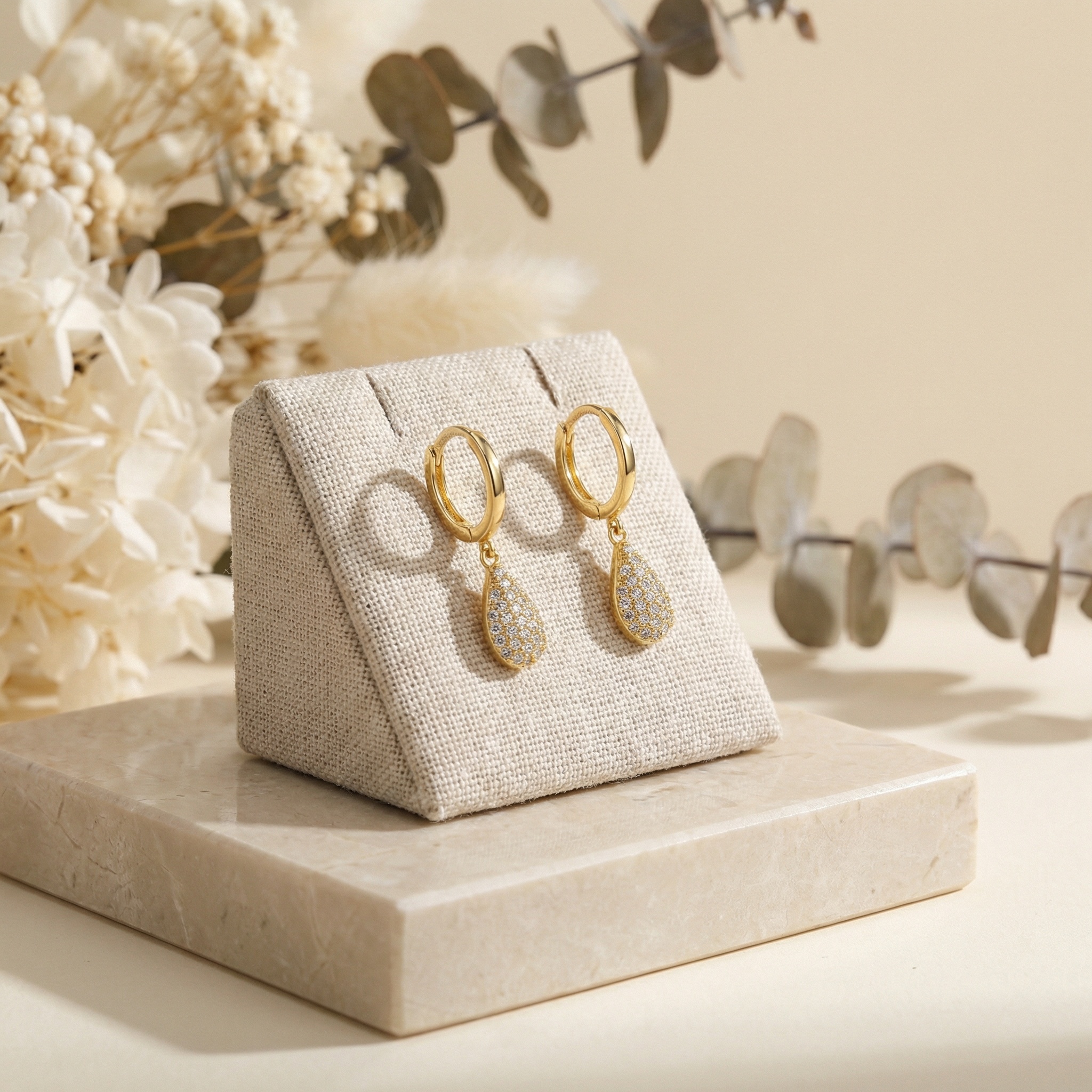 925 Sterling Silver Elegant Huggie Hoop Earrings with Glistening Pavé Teardrop Dangles 