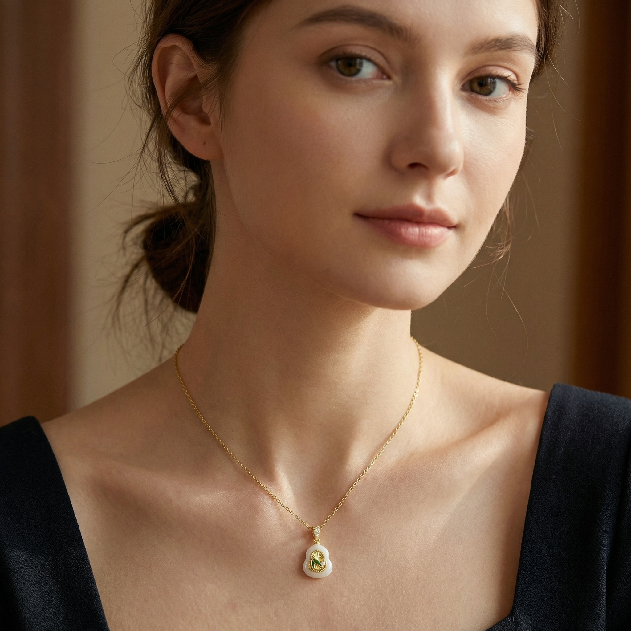 925 Sterling Silver Elegant White Jade Gourd Pendant Necklace Featuring Green Bamboo and Sparkling Accents