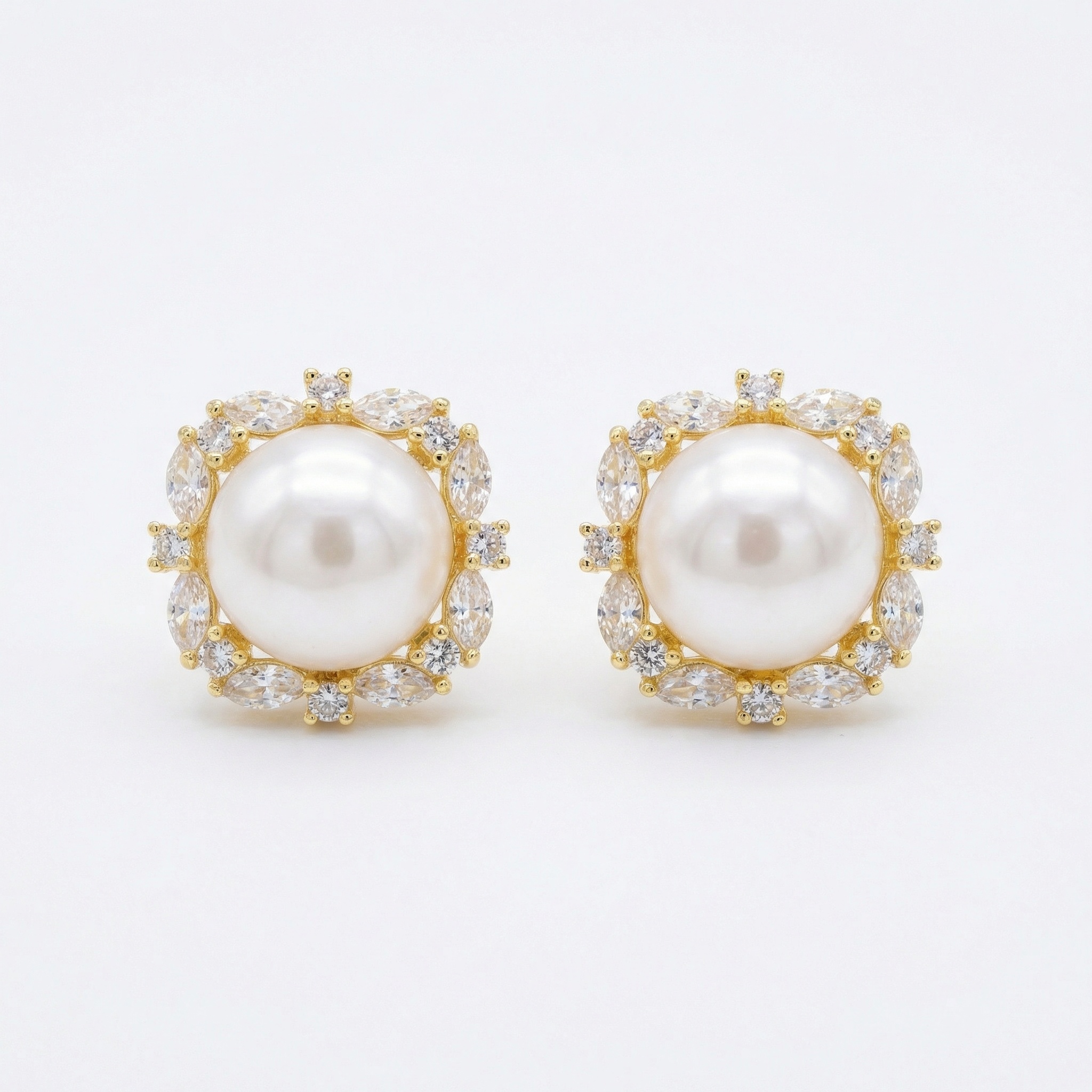 925 Sterling Silver Elegant White Pearl Stud Earrings with Marquise and Round Zirconia Square Halo Settings