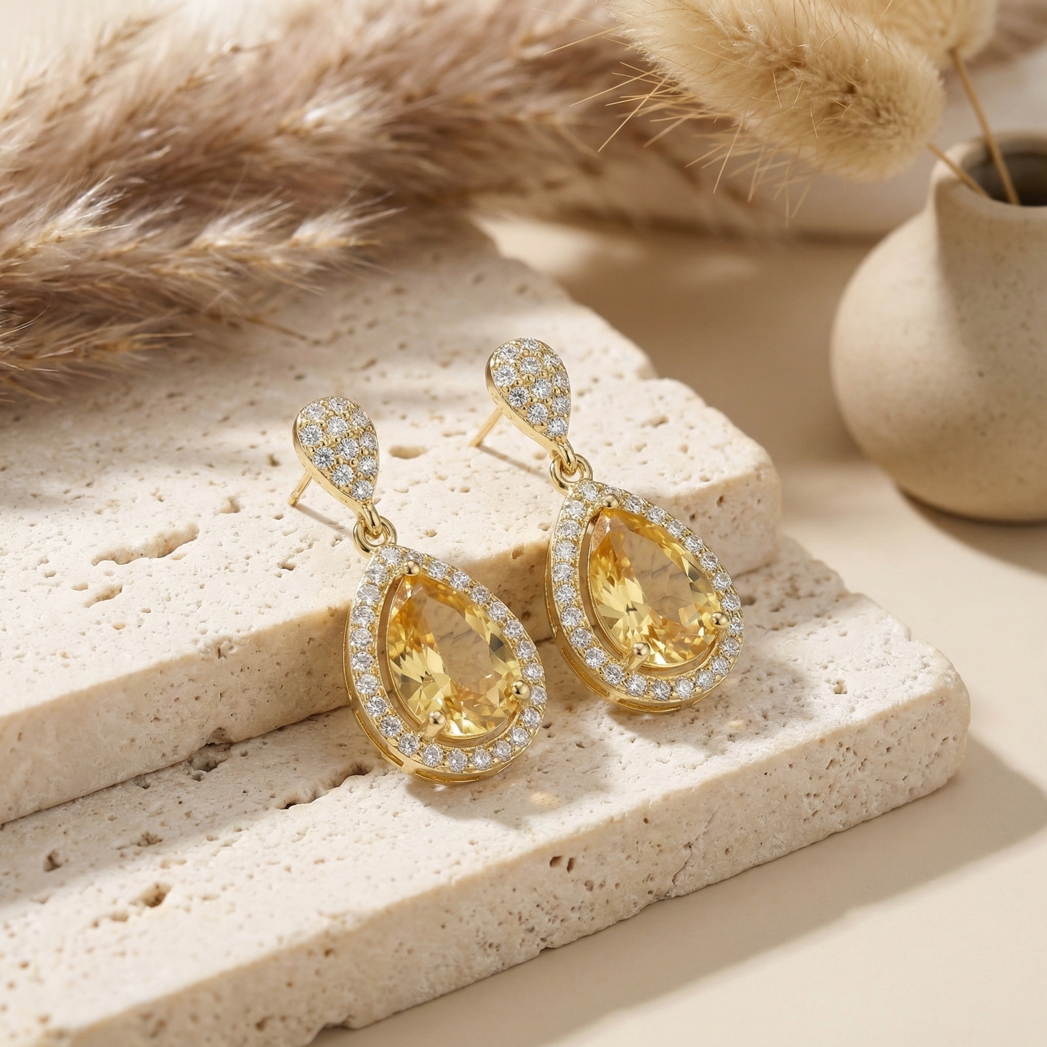 925 Sterling Silver Elegant Teardrop Drop Earrings Featuring Radiant Citrine-Hue Center Stones and Sparkling Halo Accents