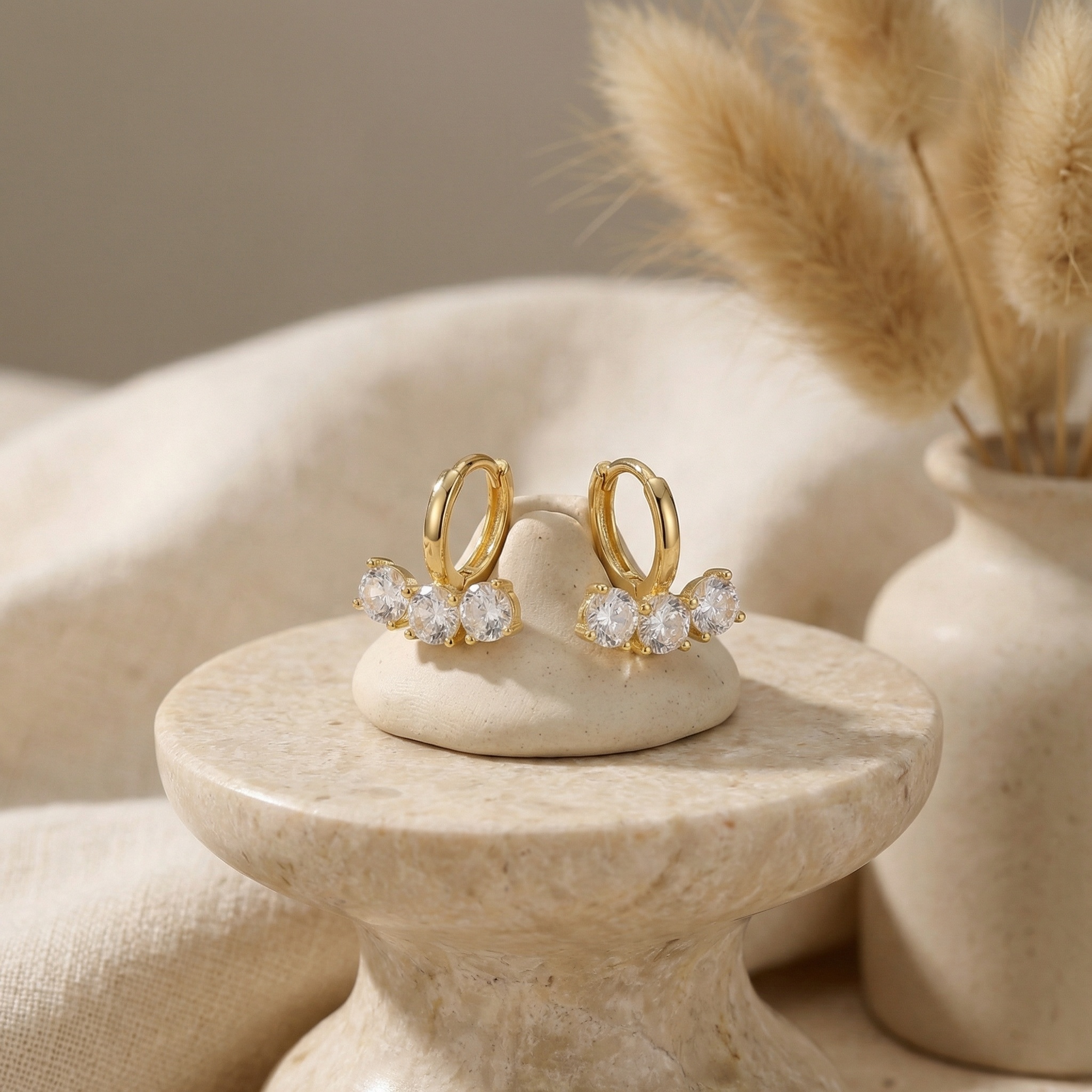 925 Sterling Silver Sparkling Triple Gemstone Charm Huggie Hoop Earrings for Women