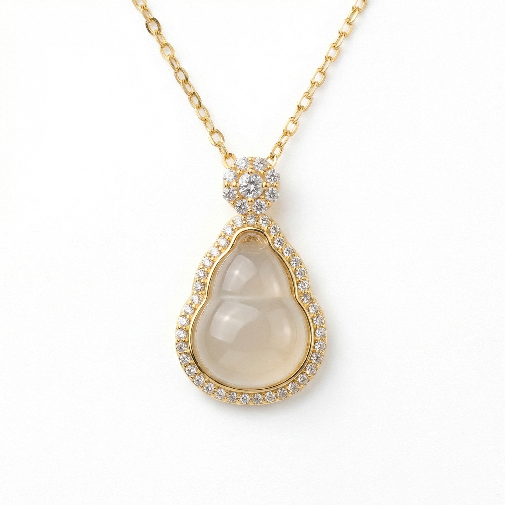 925 Sterling Silver Elegant Translucent Gourd Pendant Necklace with Sparkling Diamond Accents
