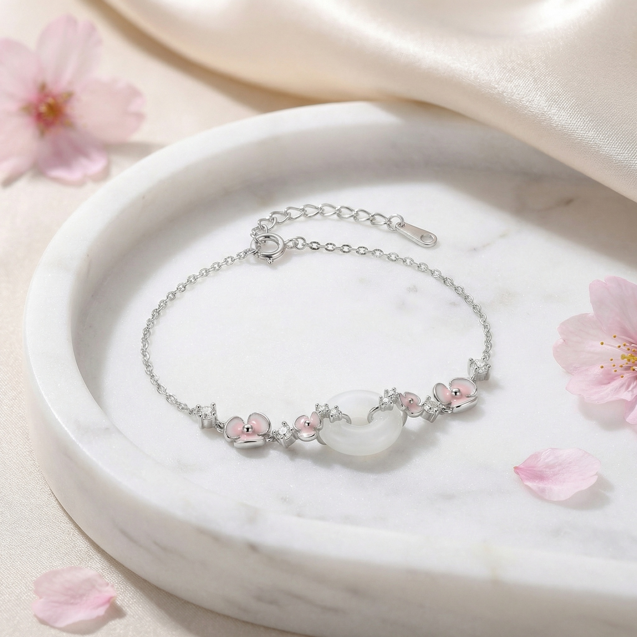925 Sterling Silver Elegant Silver Bracelet Featuring Pink Enamel Flowers and a White Jade Donut Center. - Image 1