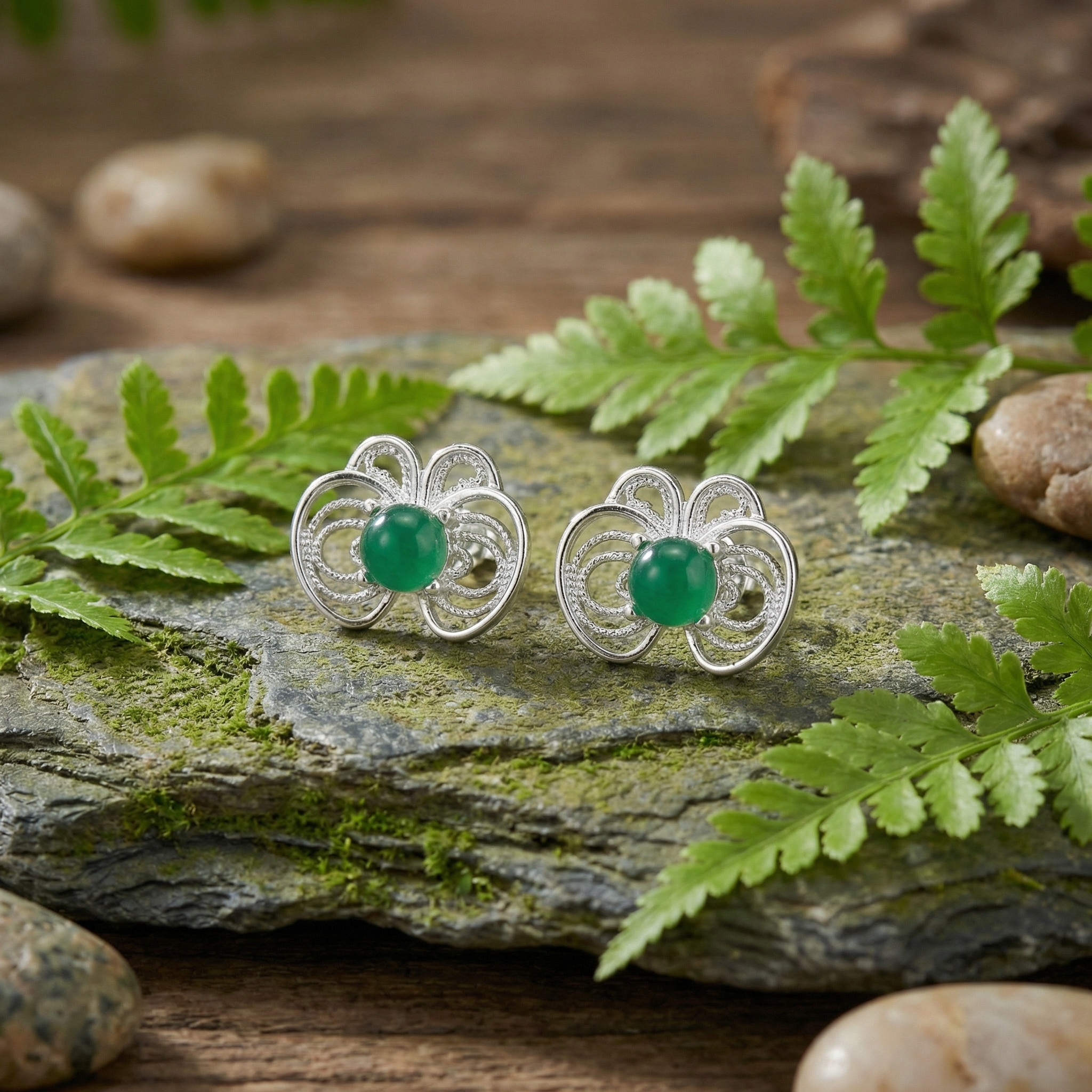 925 Sterling Silver Filigree Butterfly Green Gemstone Stud Earrings