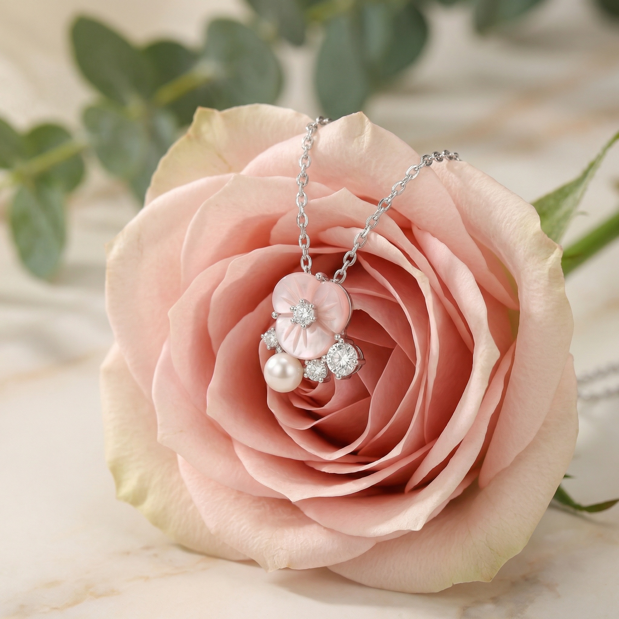 925 Sterling Silver Exquisite Sterling Silver Necklace with Pink Shell Flower, Pearl, and Shimmering Crystal Accents 