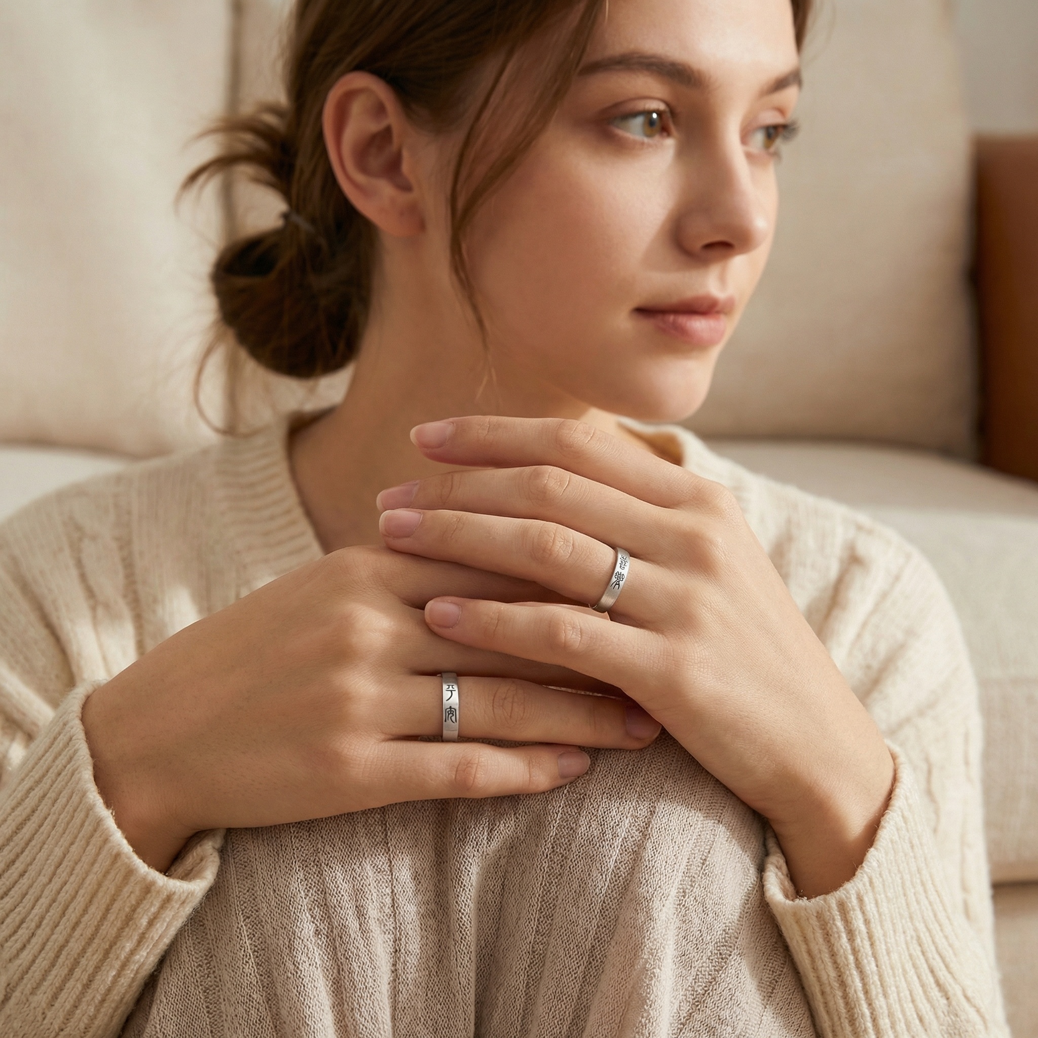 925 Sterling Silver Elegant Brushed Silver Matching Rings Featuring Ancient Chinese Seal Script 