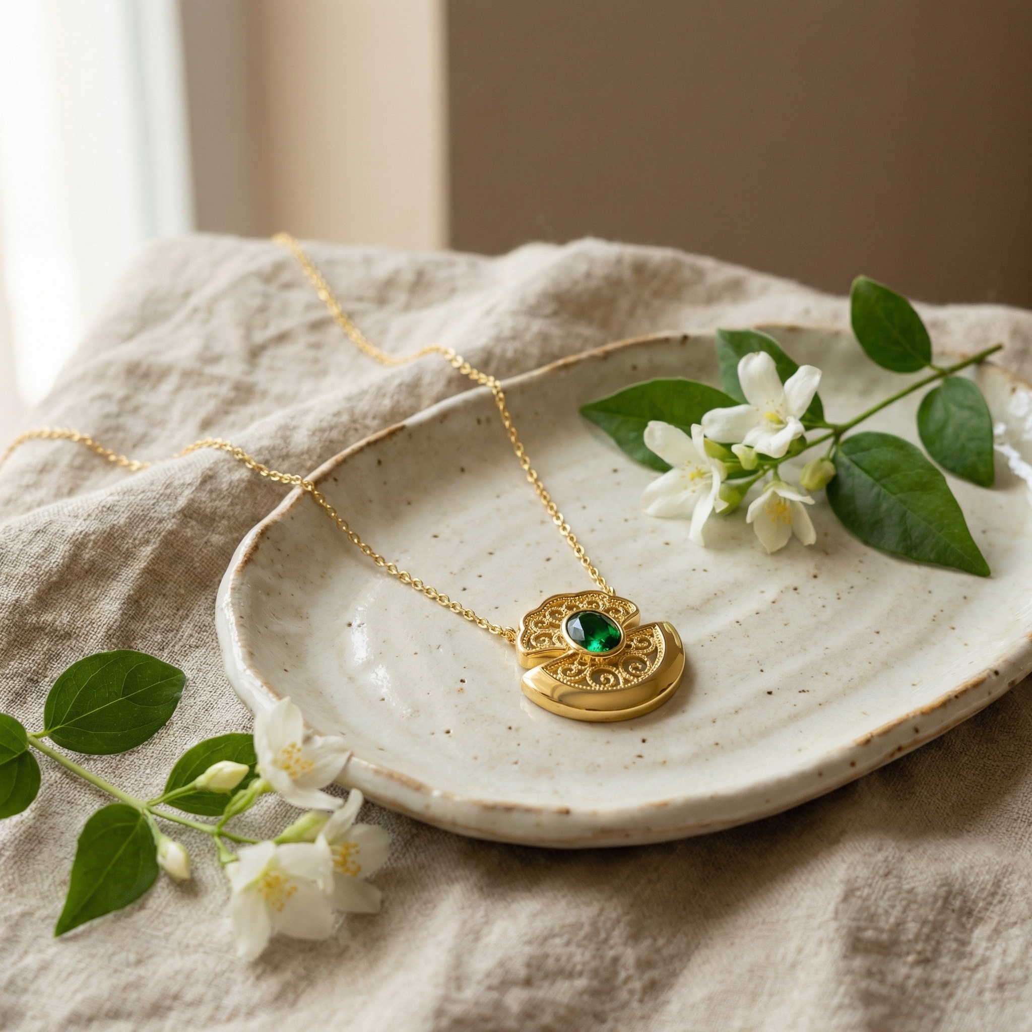 925 Sterling Silver Elegant Emerald-Tone Filigree Pendant Necklace with Intricate Scrollwork and Scalloped Metallic Design