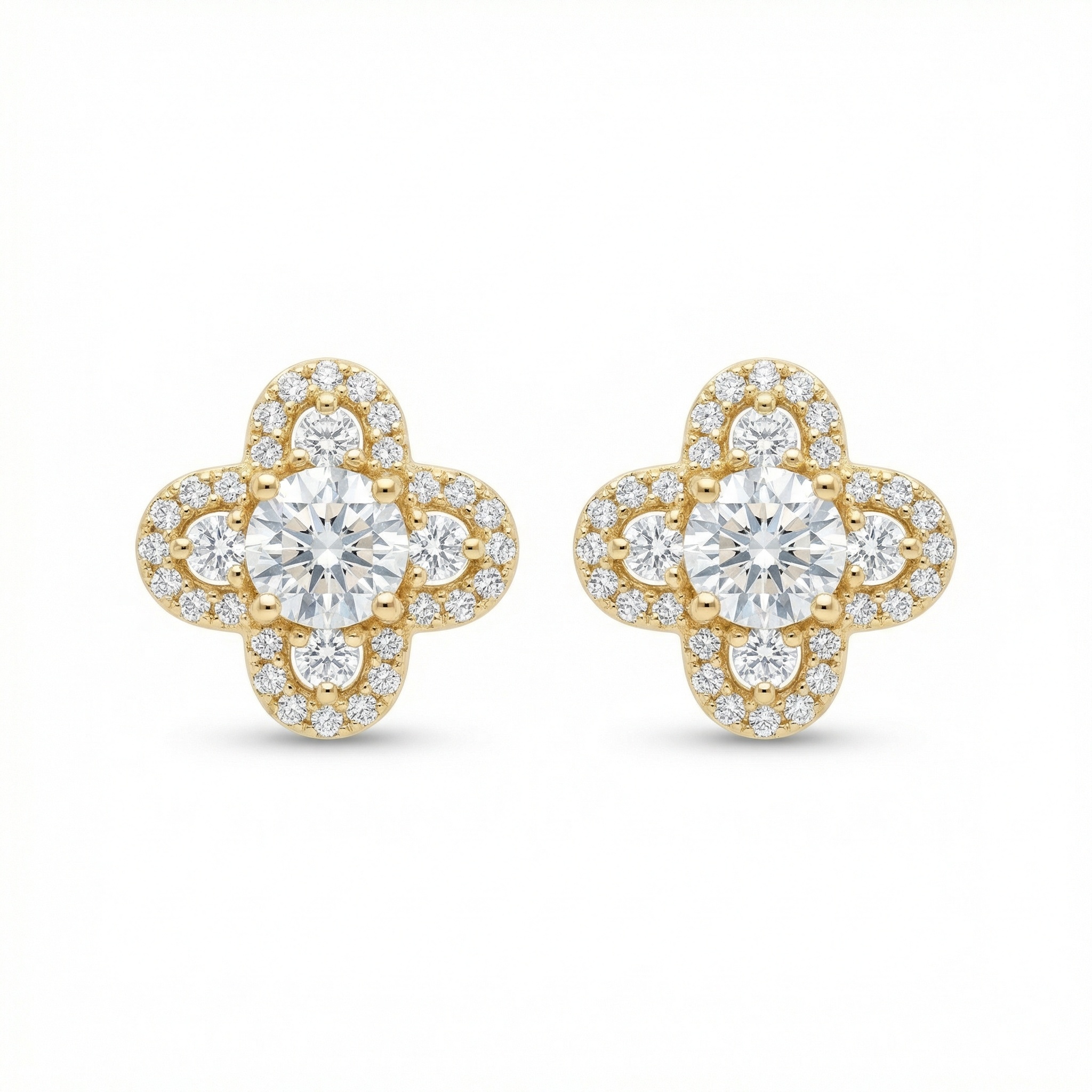 925 Sterling Silver Elegant Quatrefoil Diamond Stud Earrings with Radiant Halo Accents and Brilliant Centers