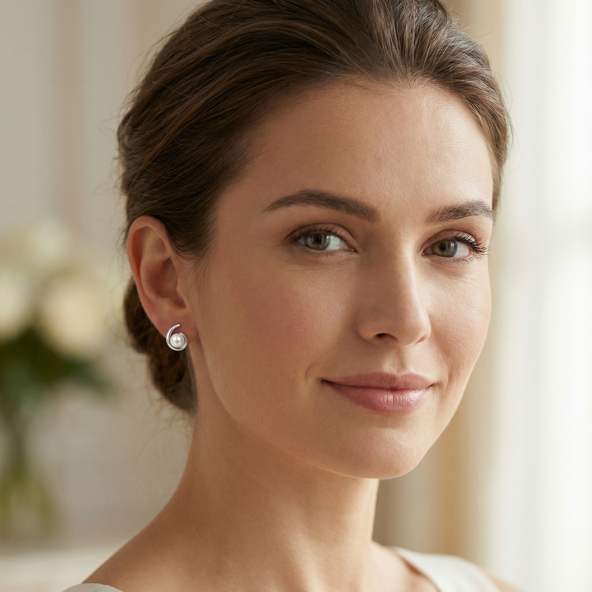 925 Sterling Silver Elegant Silver Swirl Pearl Stud Earrings in a Modern Minimalist Design