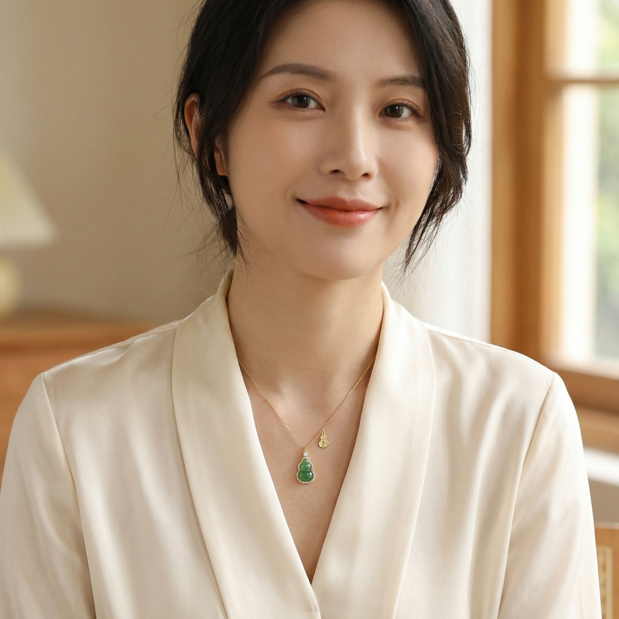 925 Sterling Silver Green Jadeite Gourd Pendant Necklace with Sparkling Accents and Lucky Charm