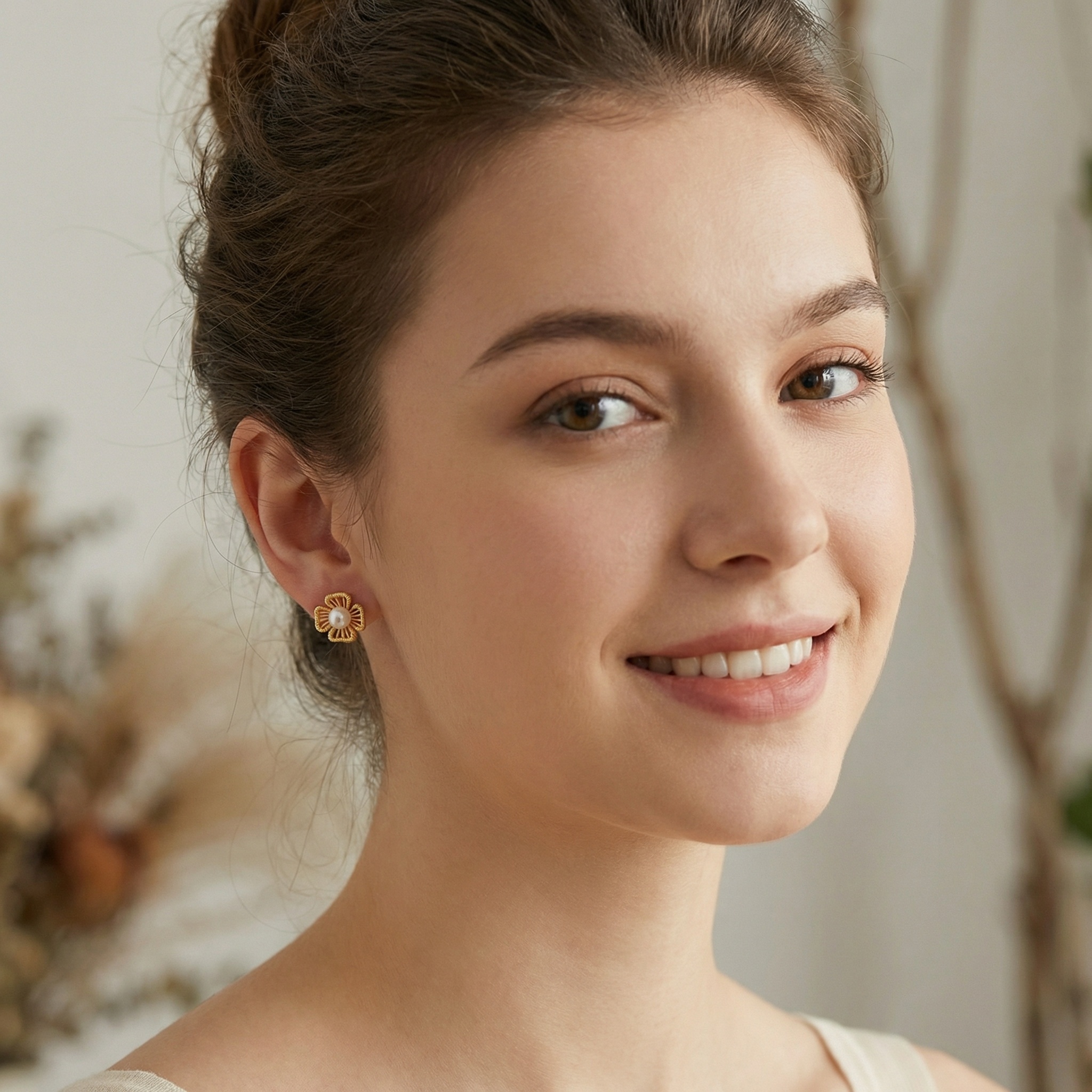 925 Sterling Silver Elegant Floral Pearl Stud Earrings with Textured Ribbed Petals