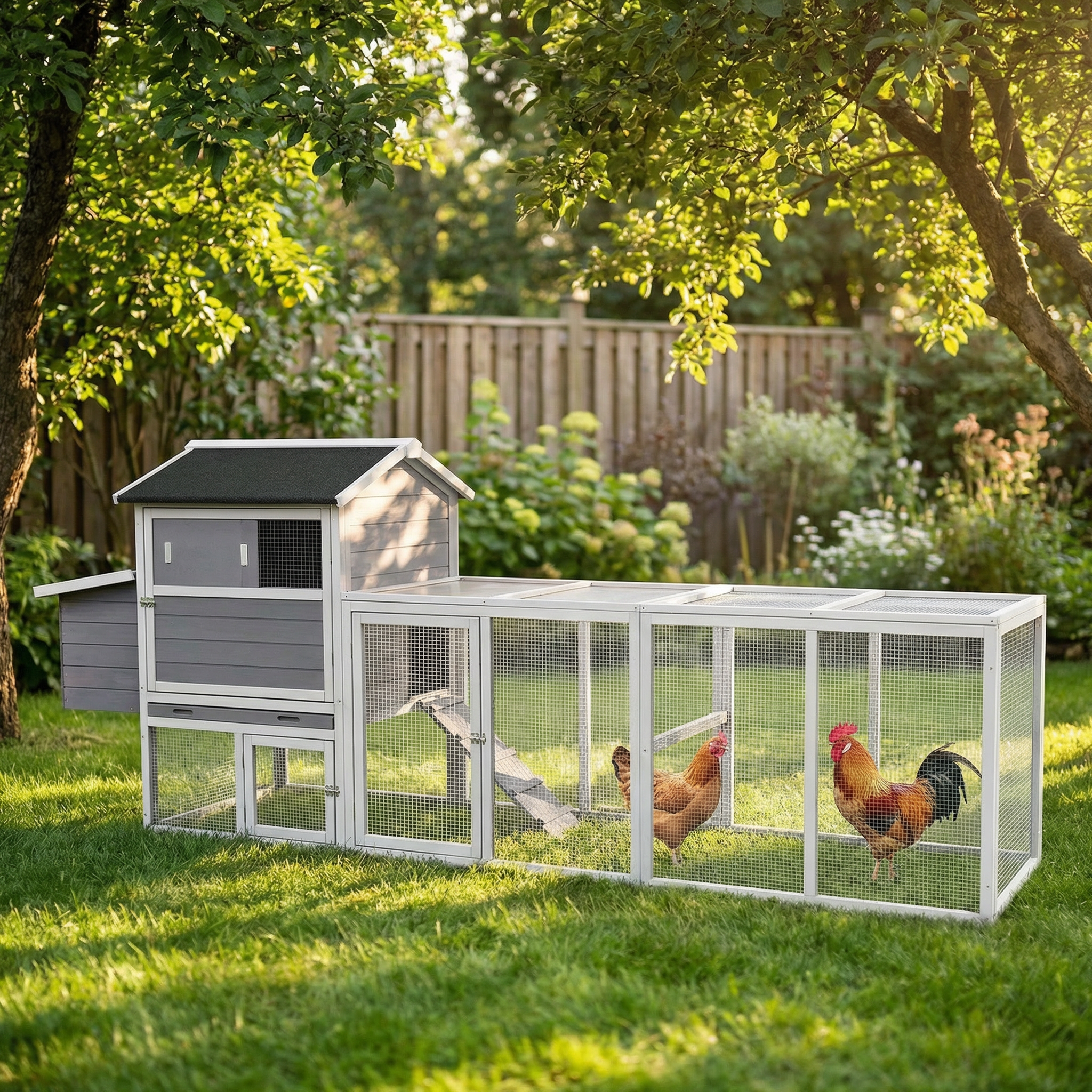 Large Main House, Gray Wooden Chicken Coop, Large Outdoor Hen House With Run And Nesting Box Poultry Cage, Rabbit Hutch, Waterproof Anti-UV Panel For Backyard