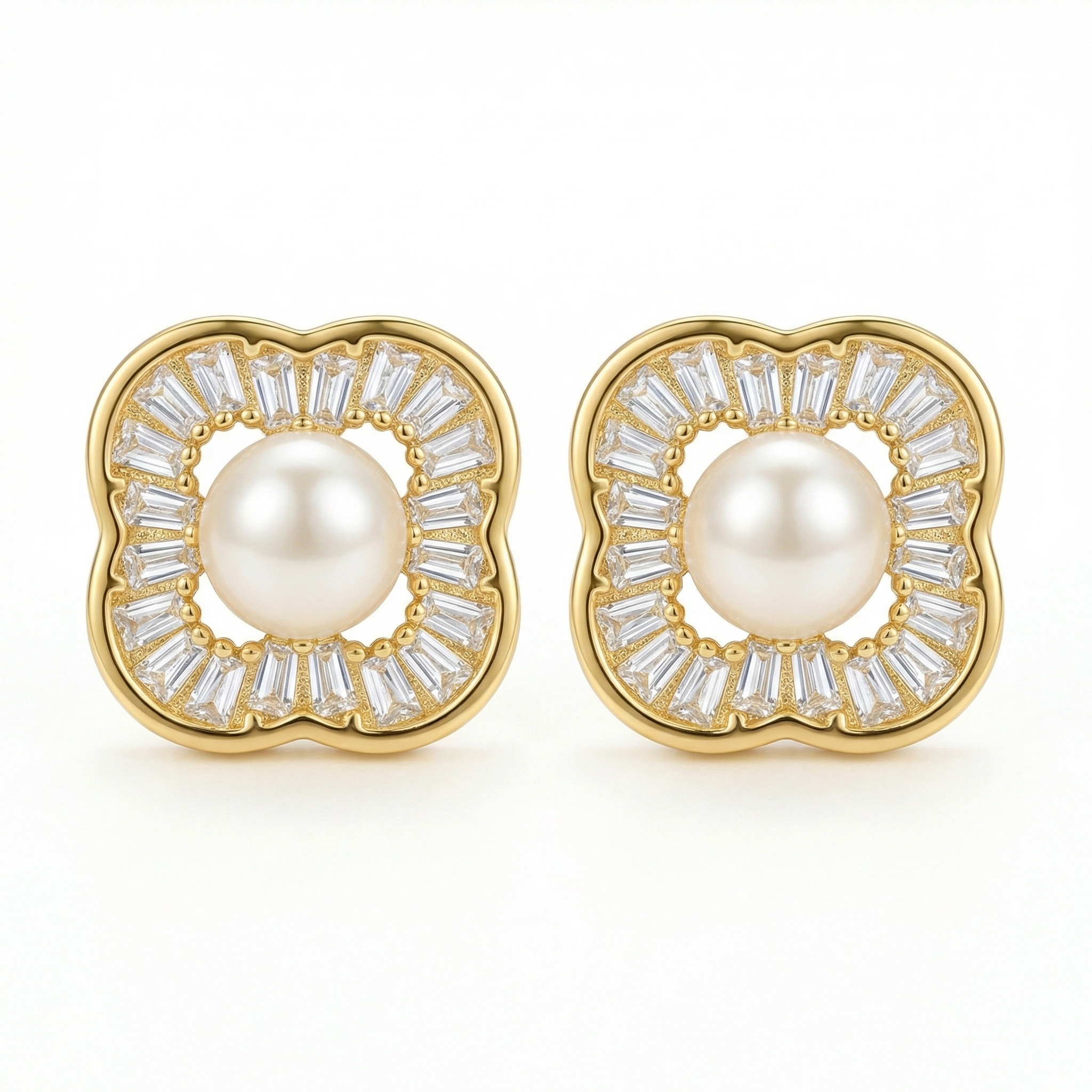 925 Sterling Silver Elegant Pearl Stud Earrings Featuring Radiant Baguette Stone Halo in Quatrefoil Setting 