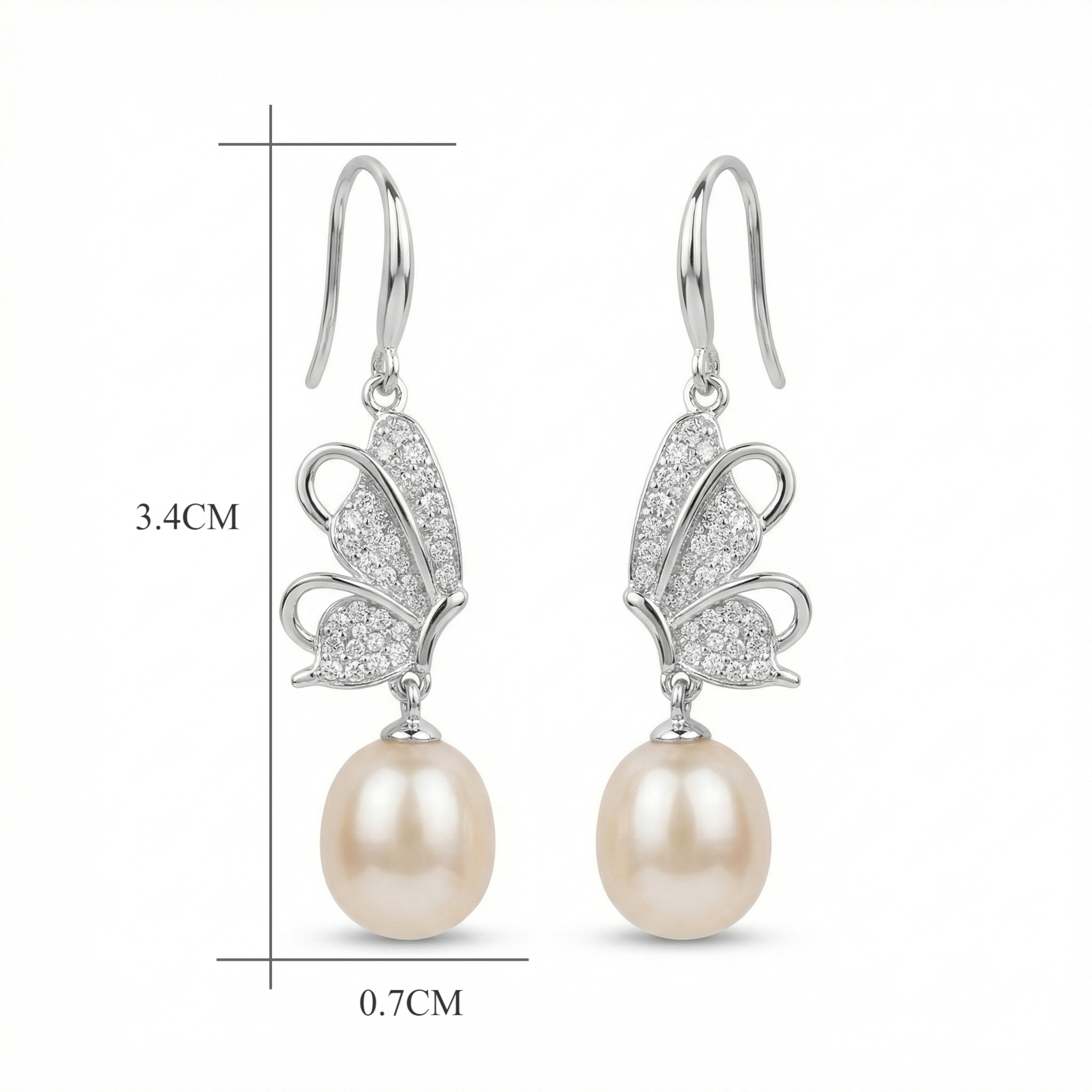 925 Sterling Silver Elegant Butterfly and Pearl Dangle Earrings with Sparkling Zirconia Accents 